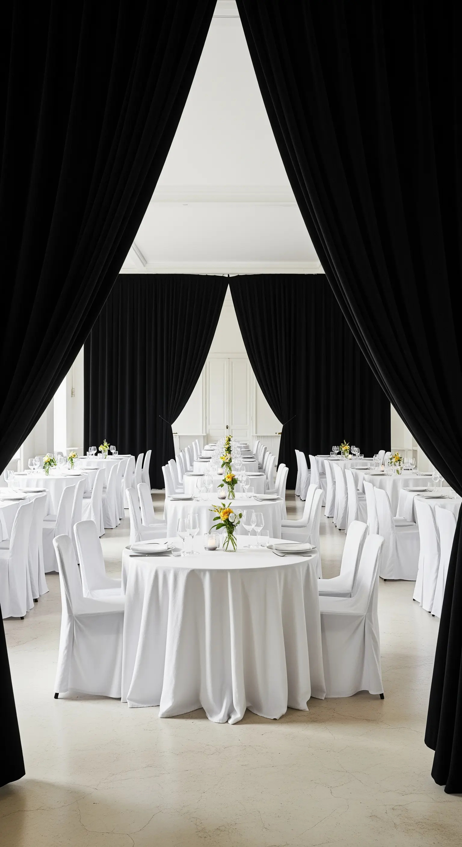 Ingresso a una sala da pranzo bianca incorniciato da pesanti tende nere.