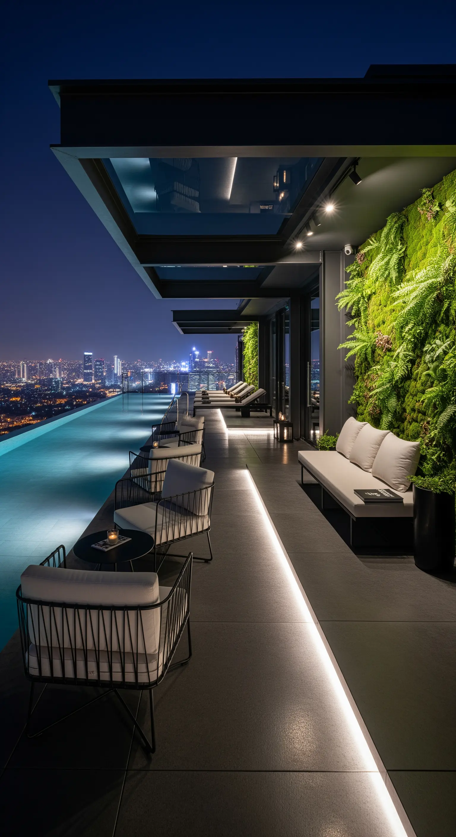 Rooftop con piscina a sfioro, parete verde verticale e illuminazione a LED lineare
