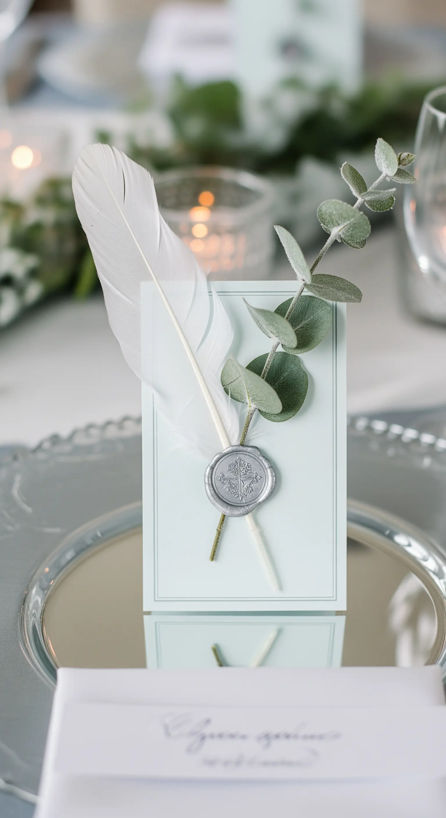 Segnaposto minimalista con piuma bianca, eucalipto e sigillo di ceralacca grigio.