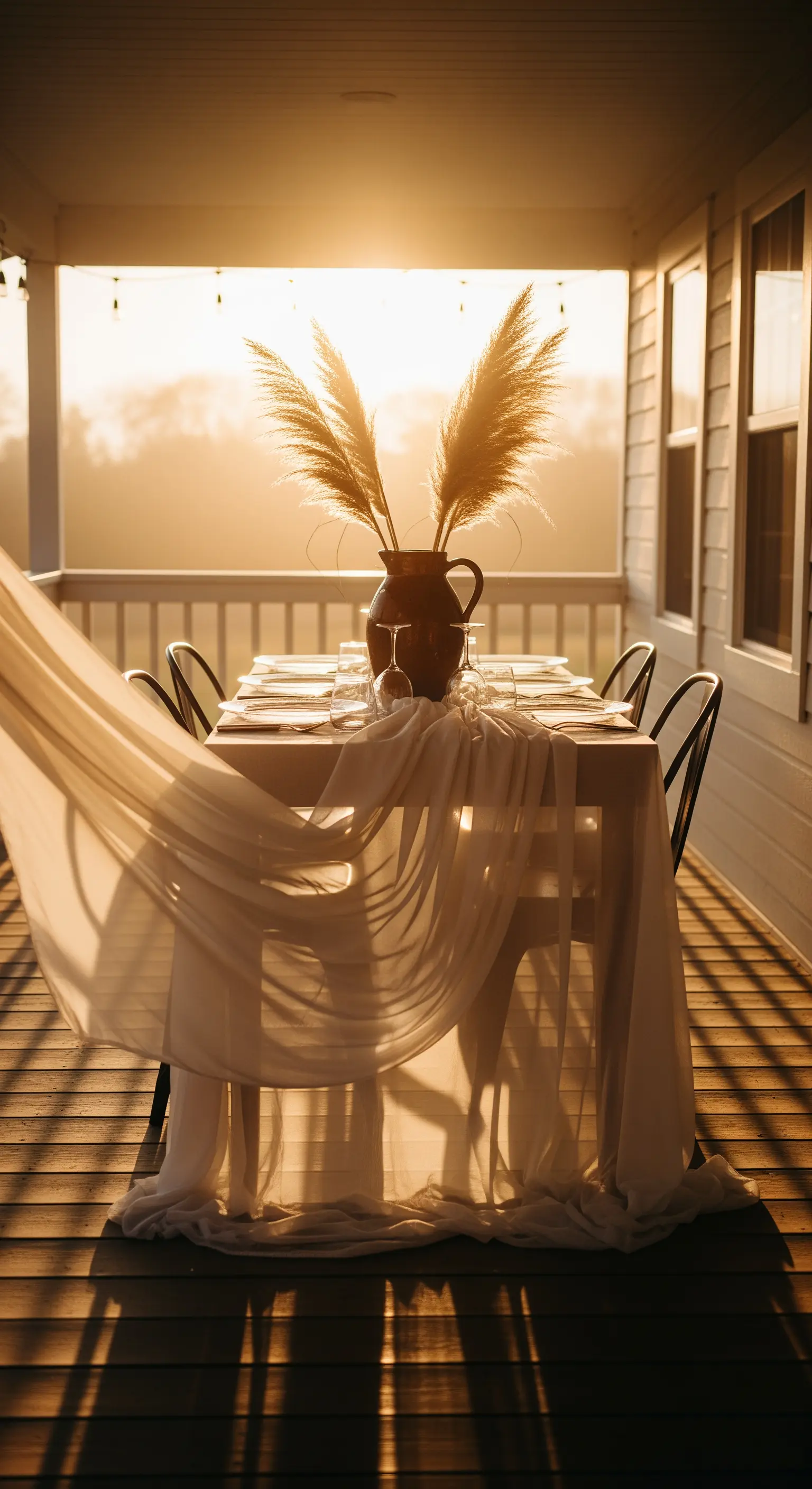 Tavolo in veranda al tramonto con erba della pampa in un vaso e tovaglia leggera