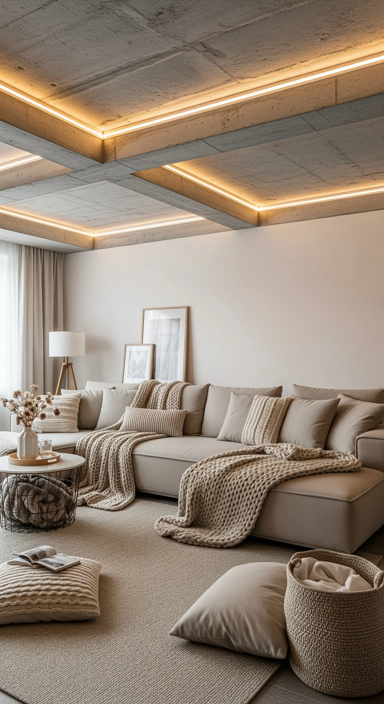 Soffitto a cassettoni effetto cemento con strisce LED calde lungo le travi.
