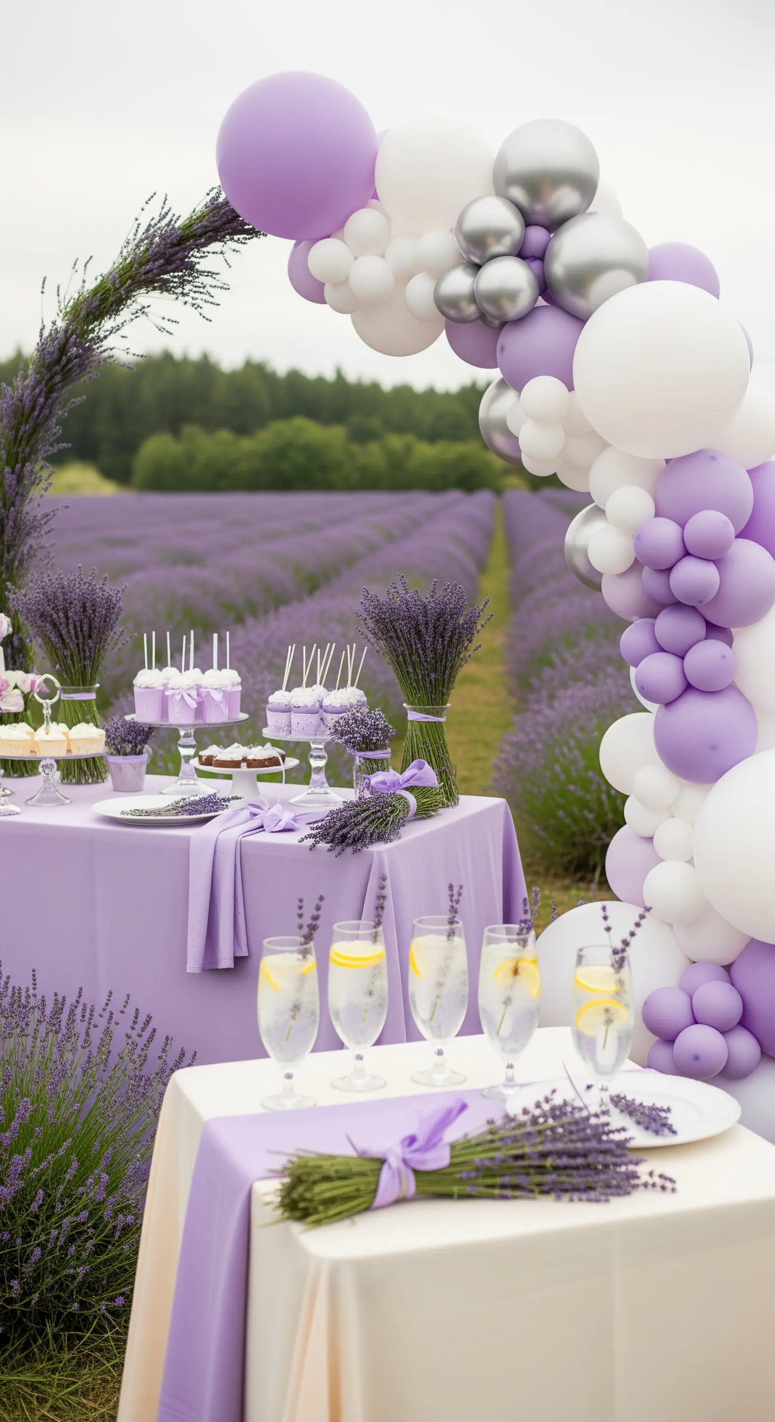 Festa in un campo di lavanda con tavolo dei dolci e arco di palloncini viola.