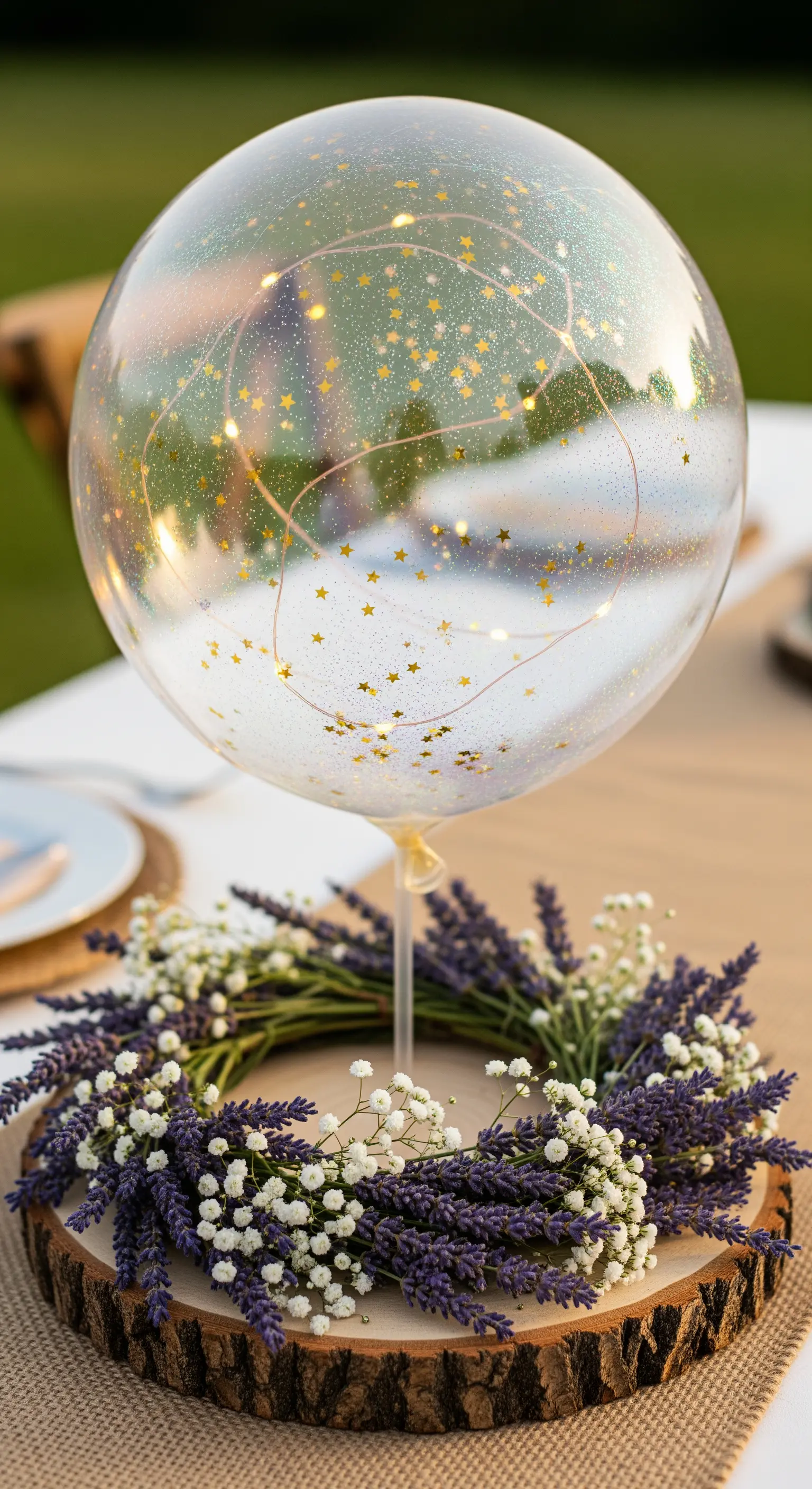 Palloncino con filo di luci e stelle, posato su una corona di lavanda e nebbiolina.