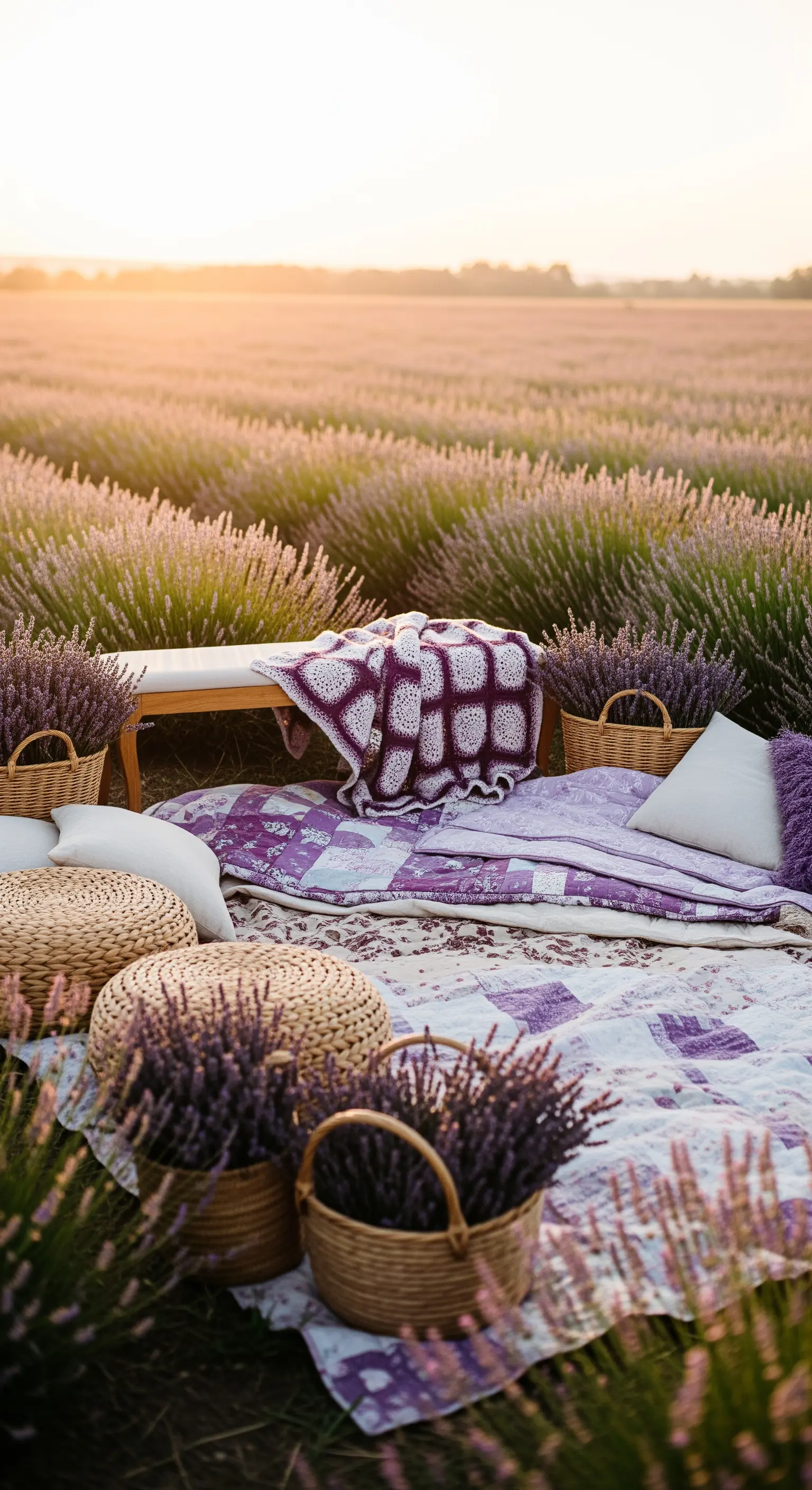 Area picnic in un campo di lavanda con quilt viola, pouf in paglia e cesti di fiori.
