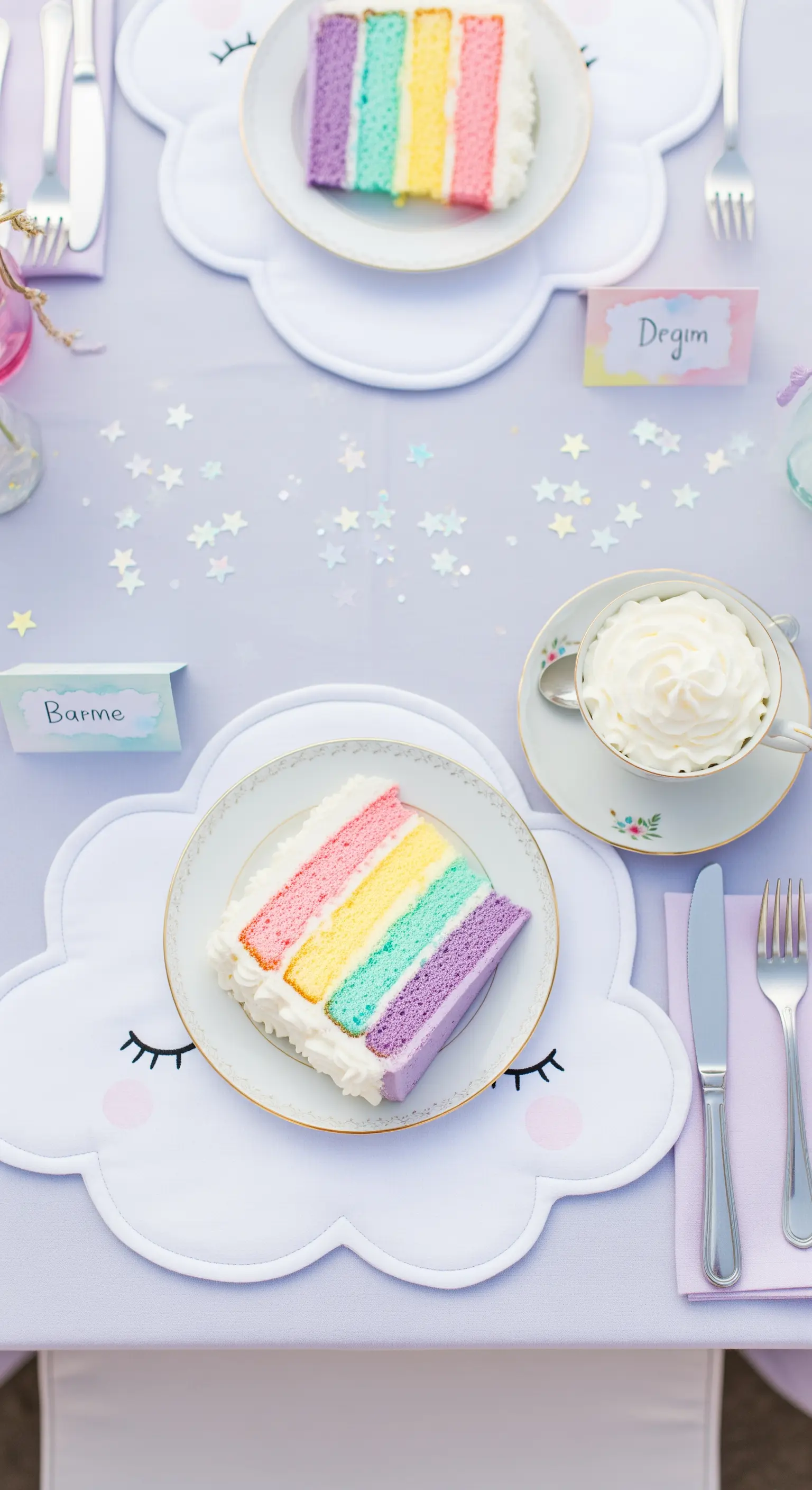 Tavola apparecchiata con tovagliette a forma di nuvola e fette di torta arcobaleno.