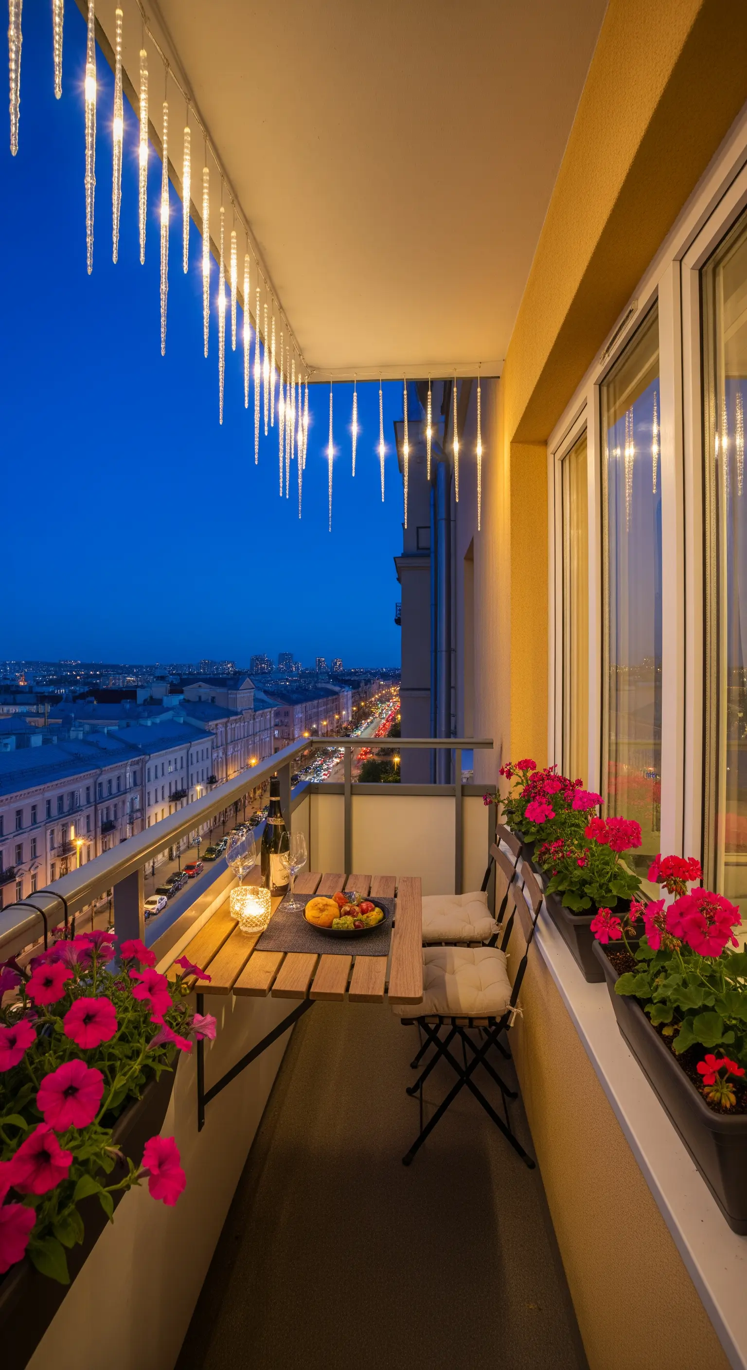 Balcone stretto con tavolo a ribalta, luci a stalattite e fioriere di petunie rosa