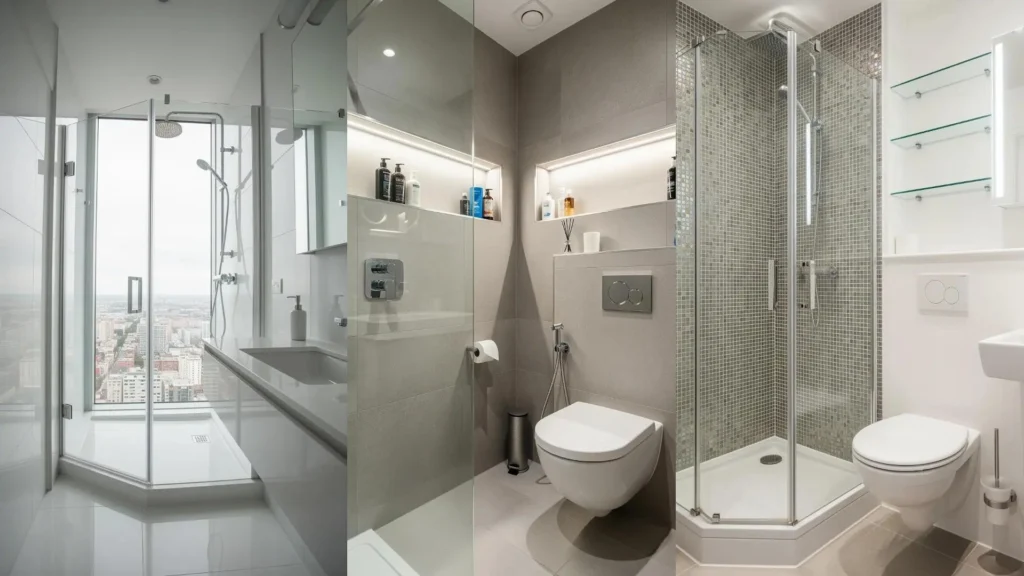 Tre bagni moderni e compatti per appartamenti piccoli, con docce salvaspazio in vetro e design elegante.