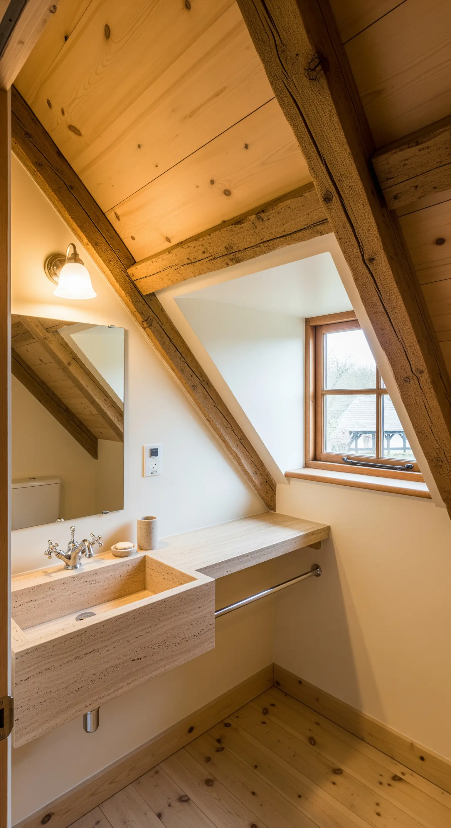 Bagno in mansarda con travi a vista, pavimento in legno e lavabo in travertino su misura.