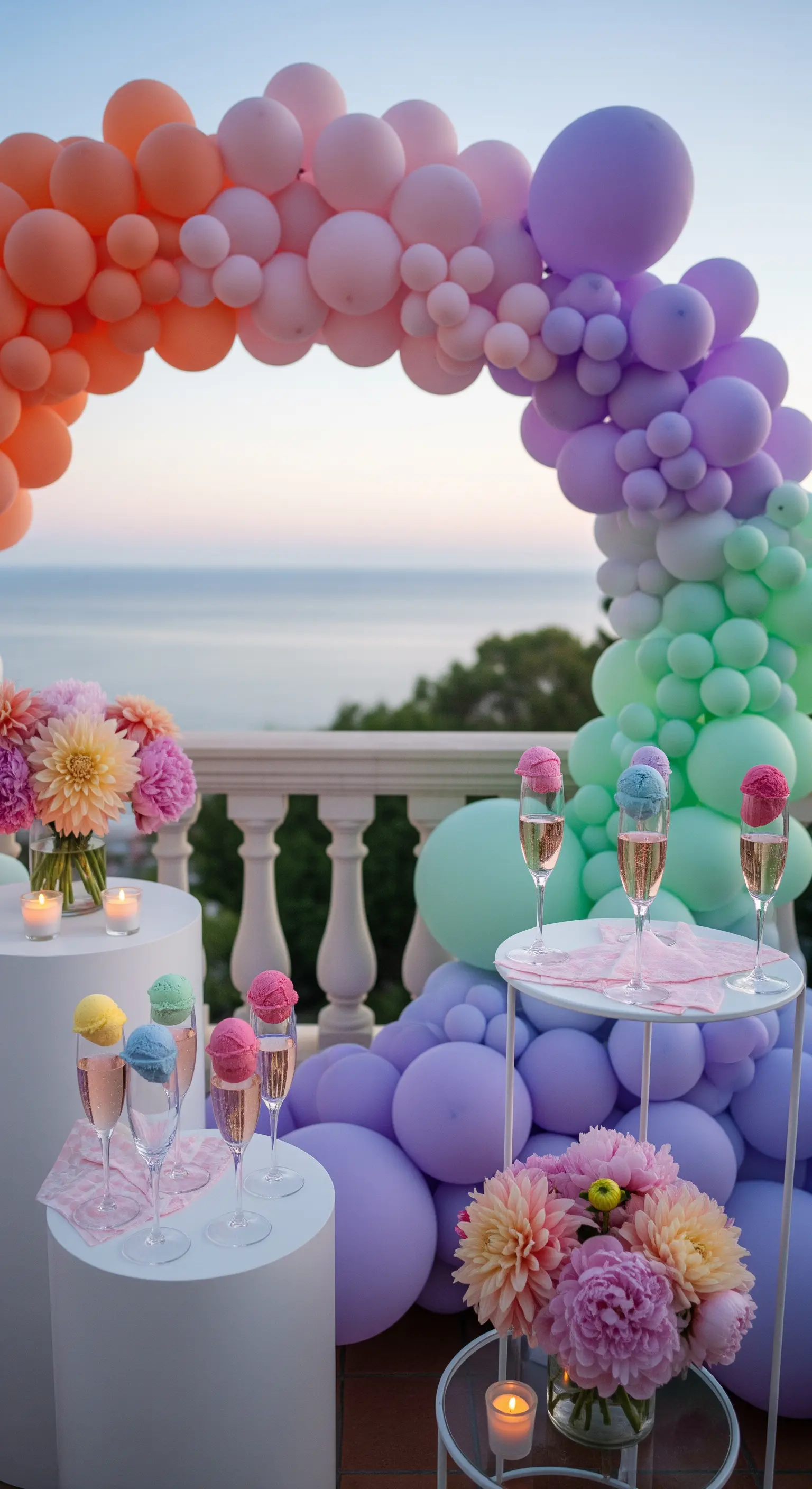 Festa in terrazza con arco di palloncini pastello e coppe di champagne con sorbetto.