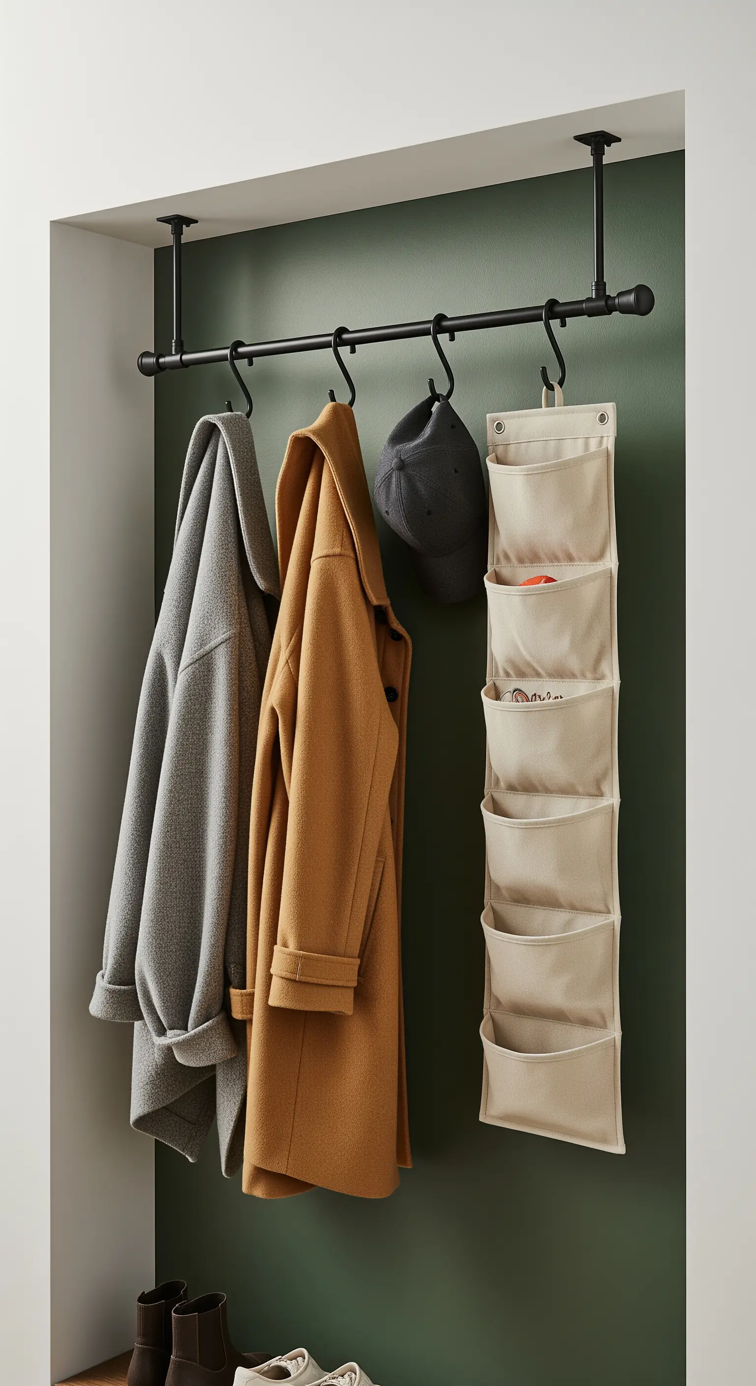 Barra appendiabiti nera sospesa al soffitto con ganci a S e organizer in tessuto.