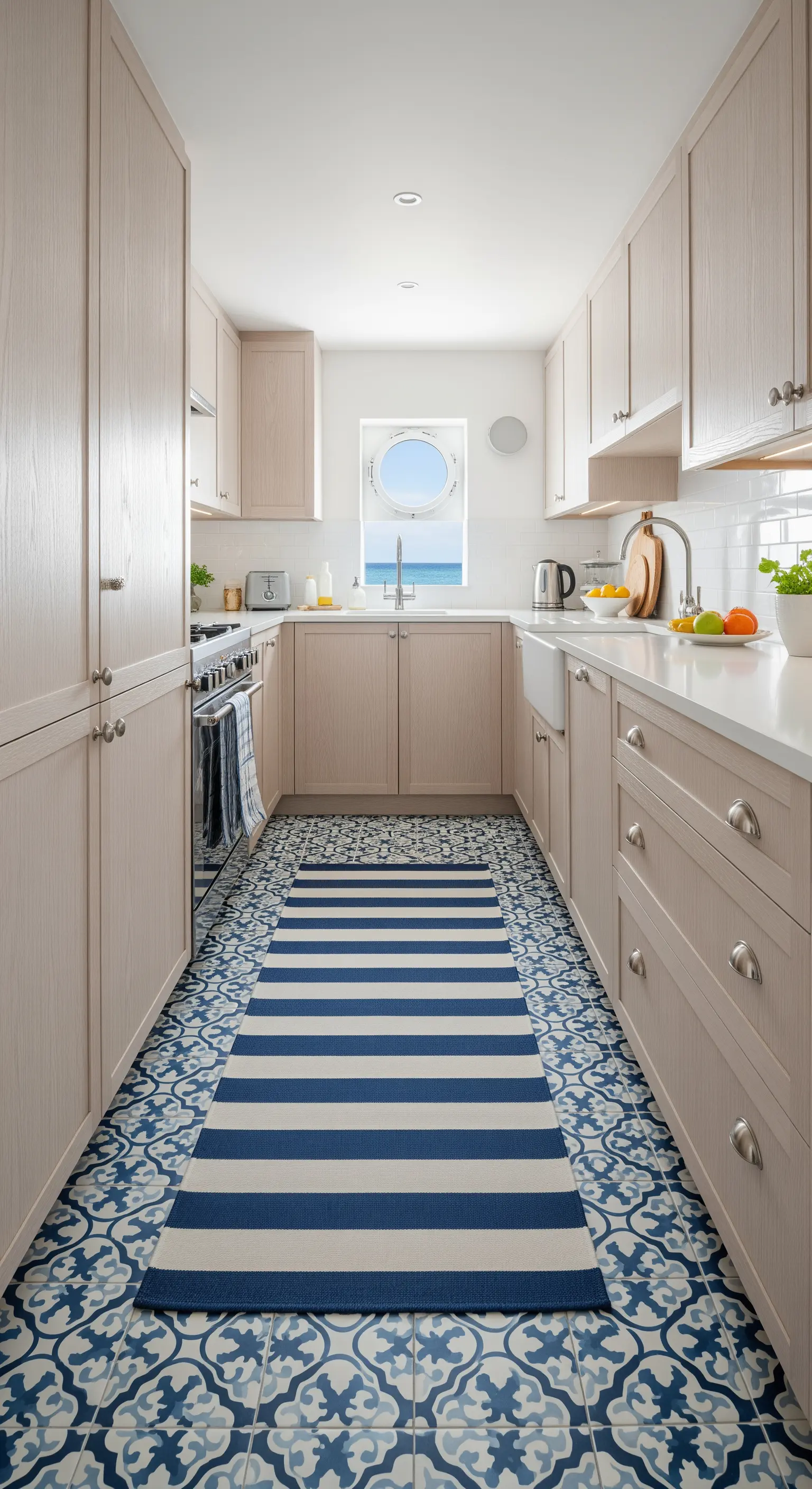 Cucina stretta con piastrelle blu decorate e un runner a righe blu e bianche.