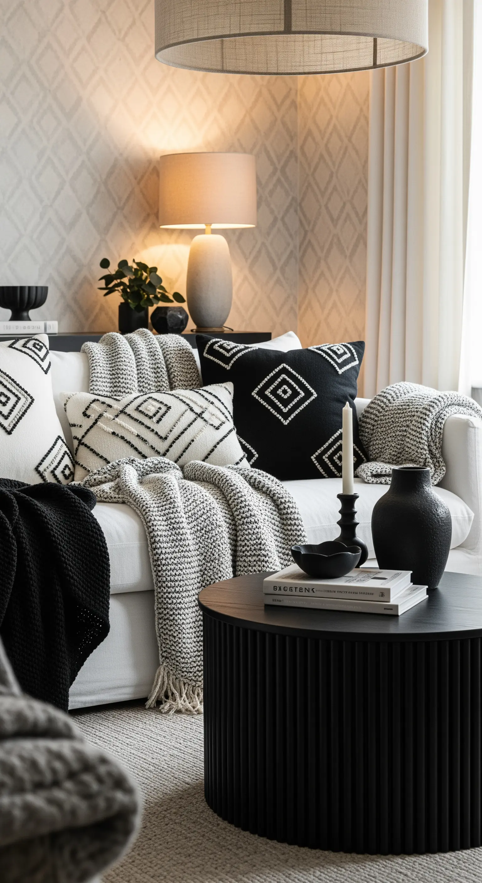 Dettaglio di un divano bianco con cuscini e plaid a motivi geometrici in bianco e nero.