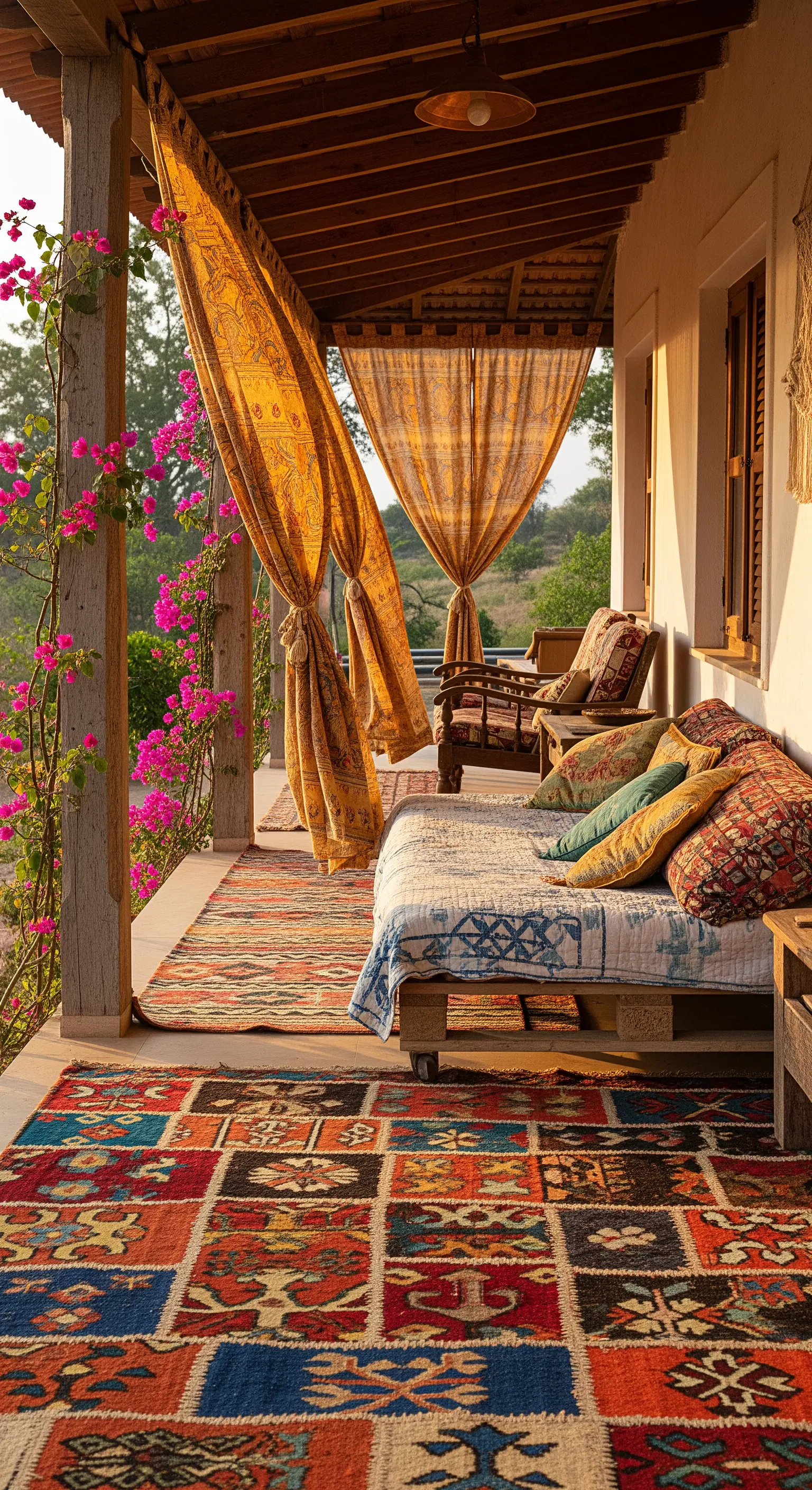 Portico bohémien con tappeti patchwork sovrapposti, divano in pallet e tende gialle annodate.