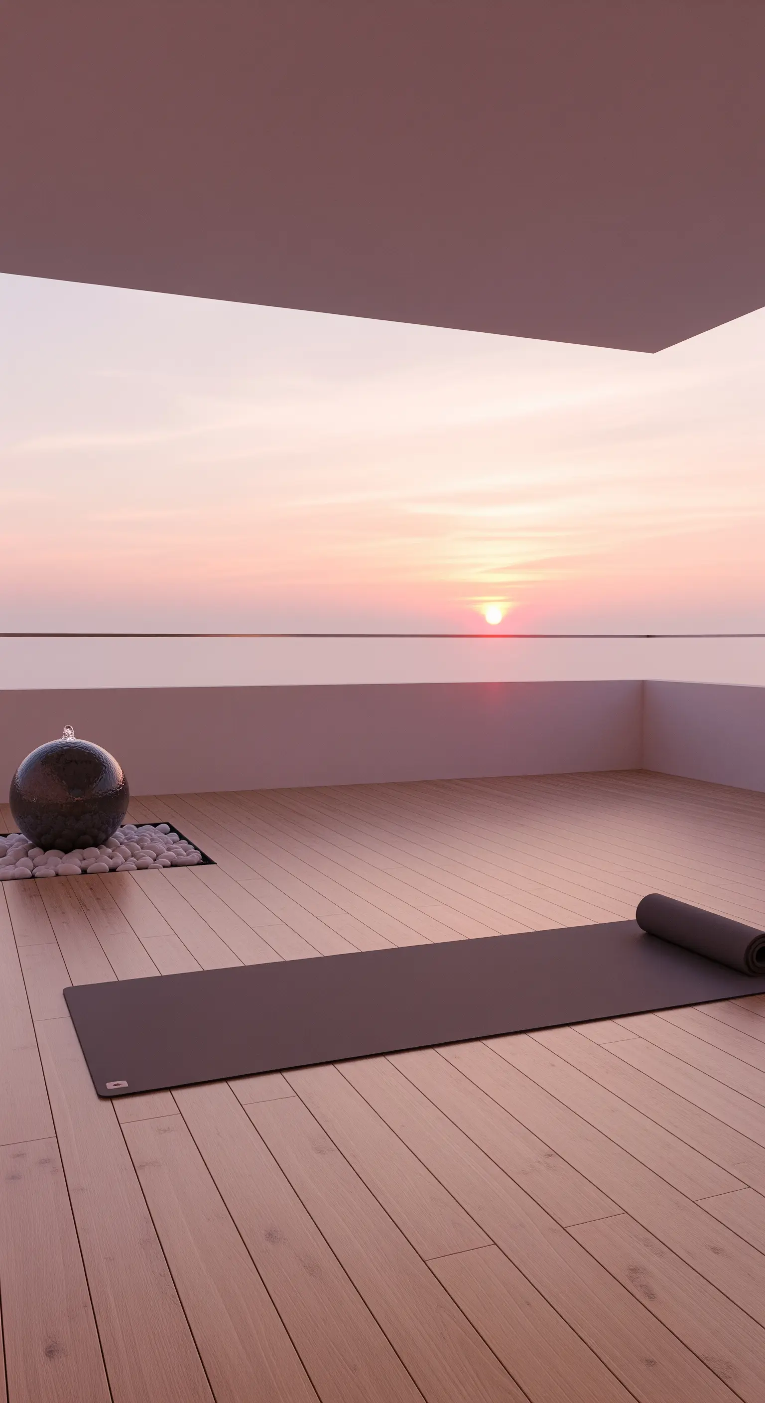 Balcone con pavimento in legno, tappetino da yoga e una fontana sferica al tramonto.