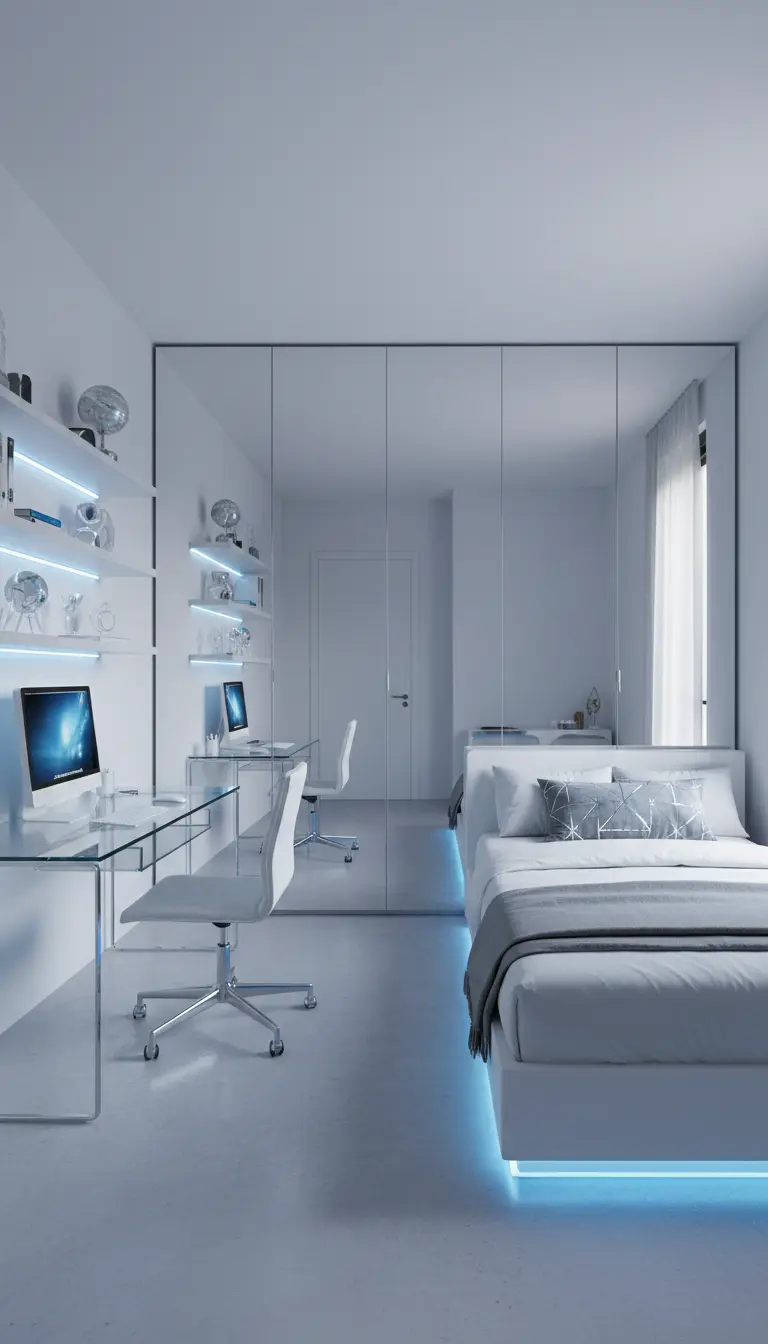 Camera da letto bianca e futuristica con un armadio a specchio a tutta parete e luci a LED blu.
