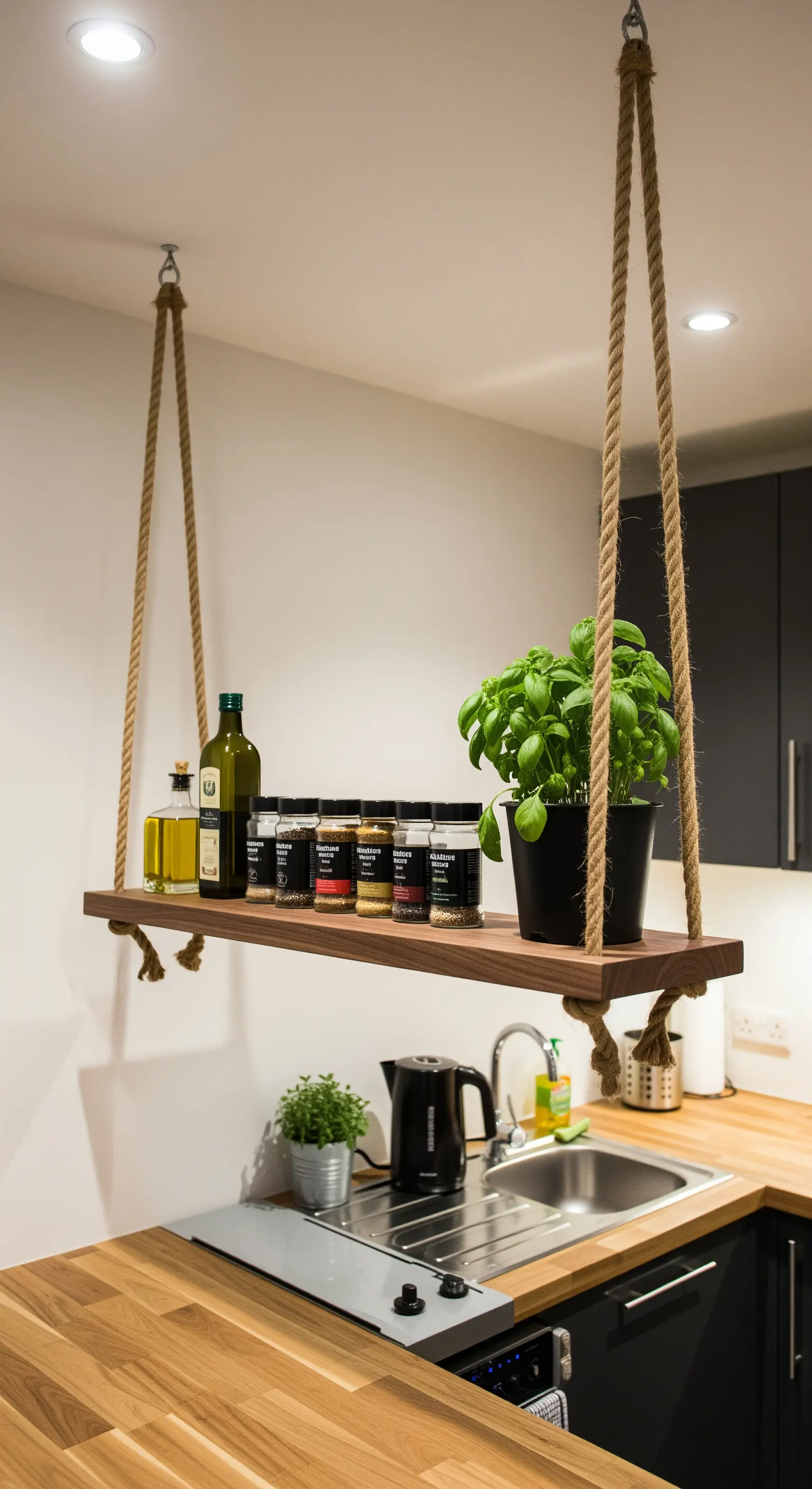 Mensola sospesa in legno scuro sopra un lavello da cucina, con spezie e basilico.