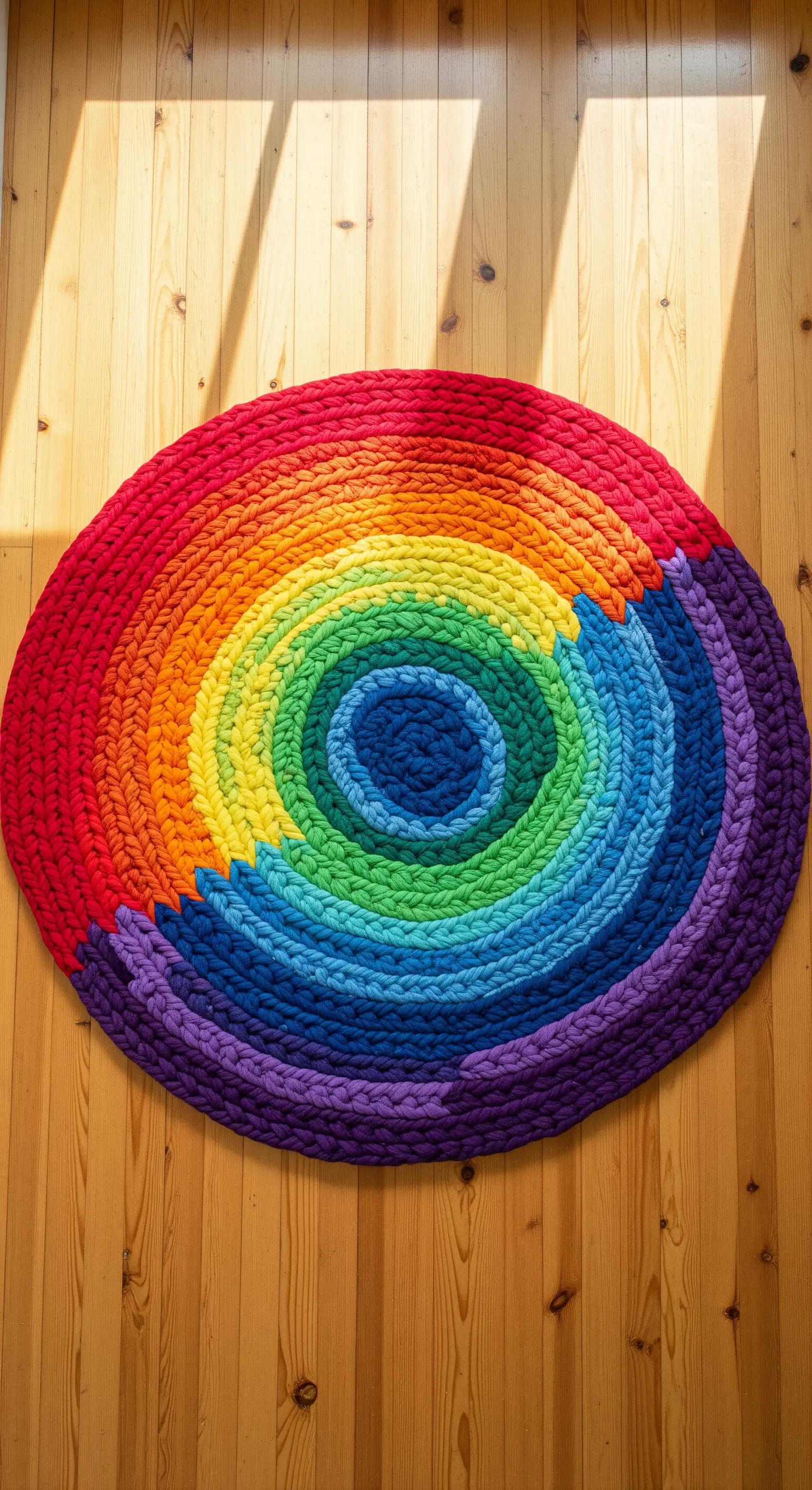 Tappeto tondo lavorato a mano con strisce di tessuto nei colori dell'arcobaleno su un parquet di legno