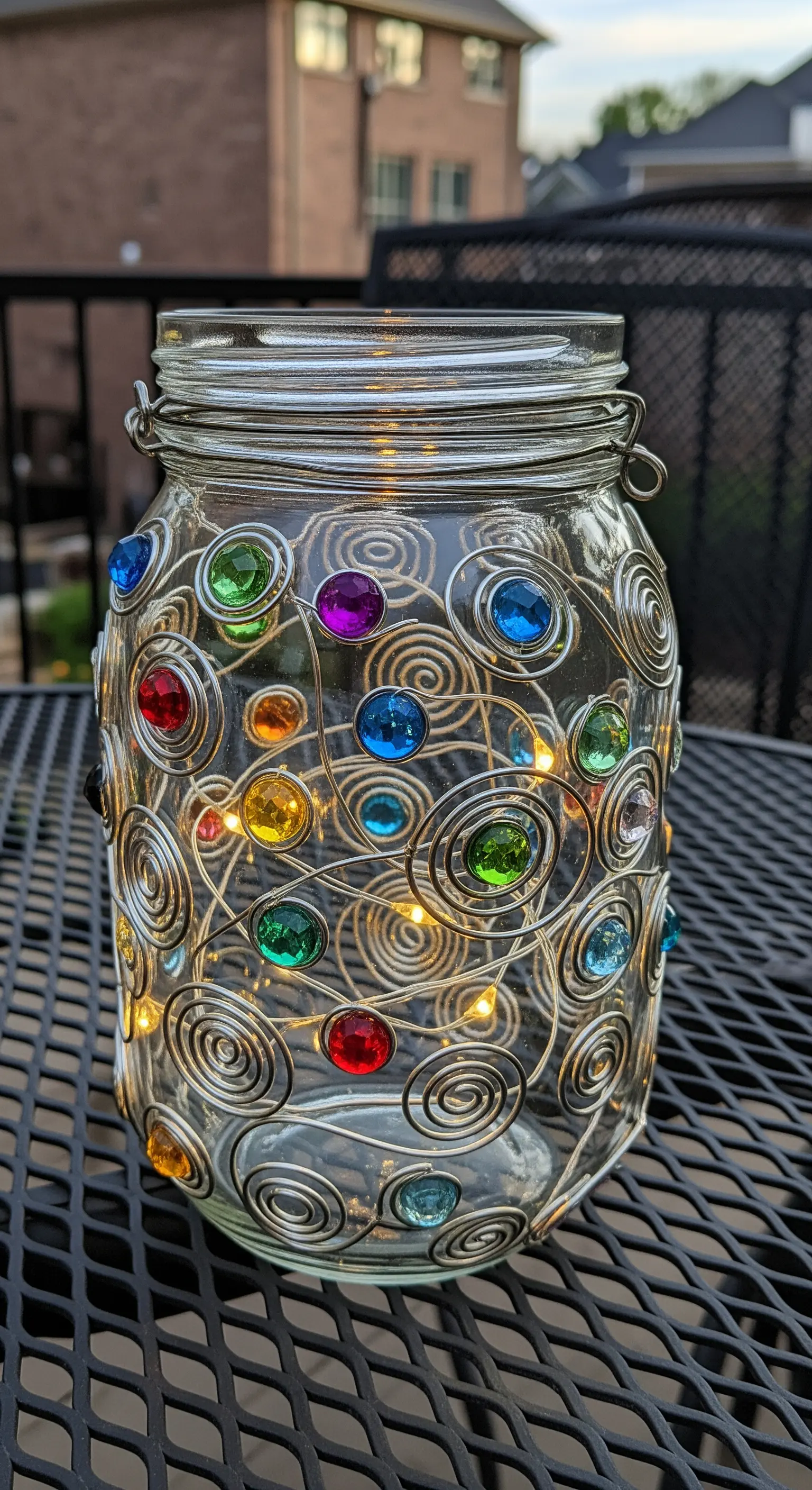 Barattolo di vetro avvolto in filo metallico modellato a spirale con gemme colorate incastonate.