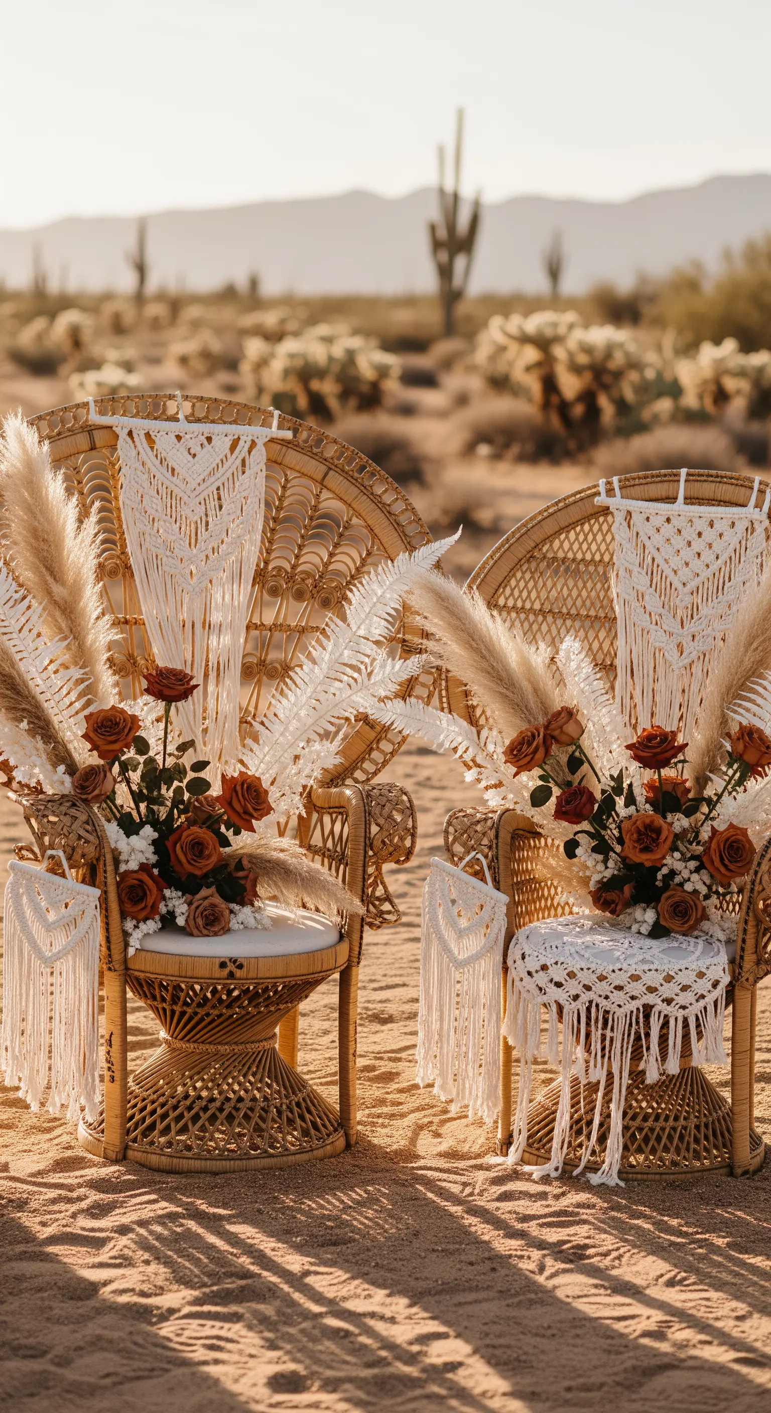 Sedie Peacock in rattan con decori in macramè, pampas grass e rose color terracotta.