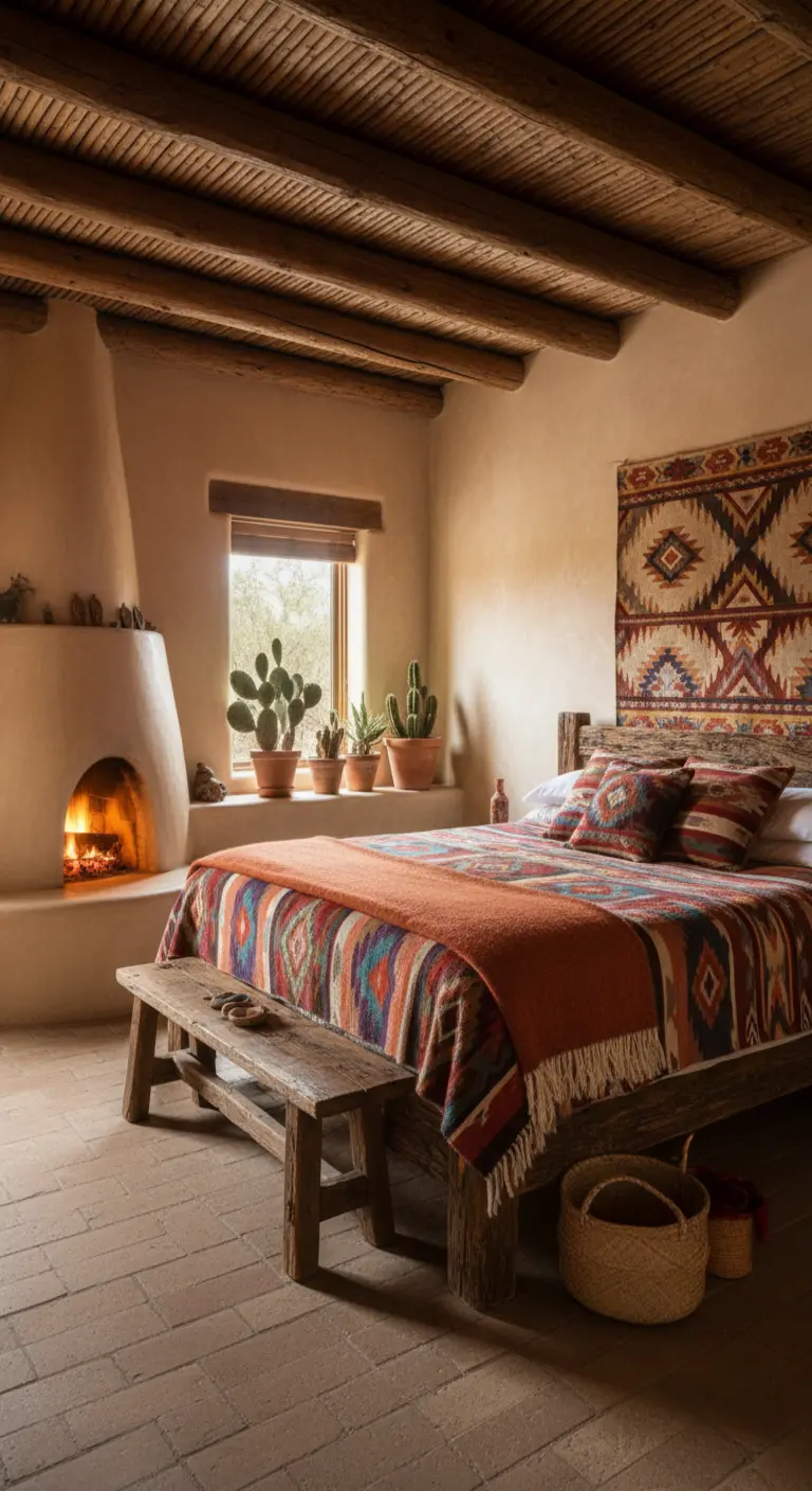 Camera da letto in stile Southwestern con camino kiva, travi a vista e tessuti etnici.