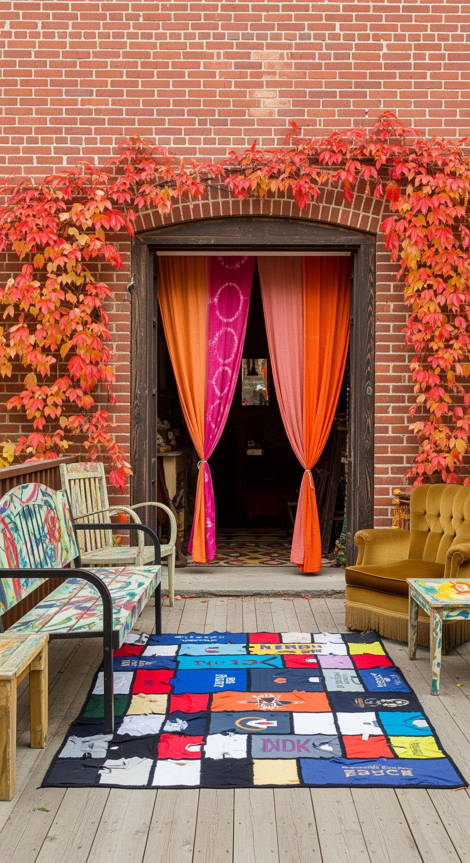 Ingresso di un patio con tende tie-dye arancioni, panchina dipinta e poltrona vintage.