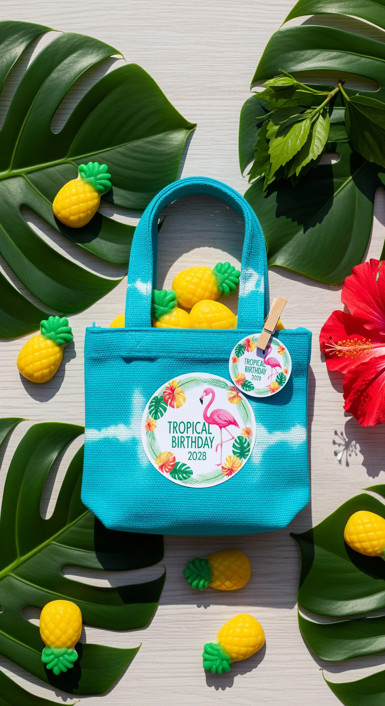Mini tote bag azzurra con stampa tie-dye e adesivo a tema tropicale, piena di caramelle.