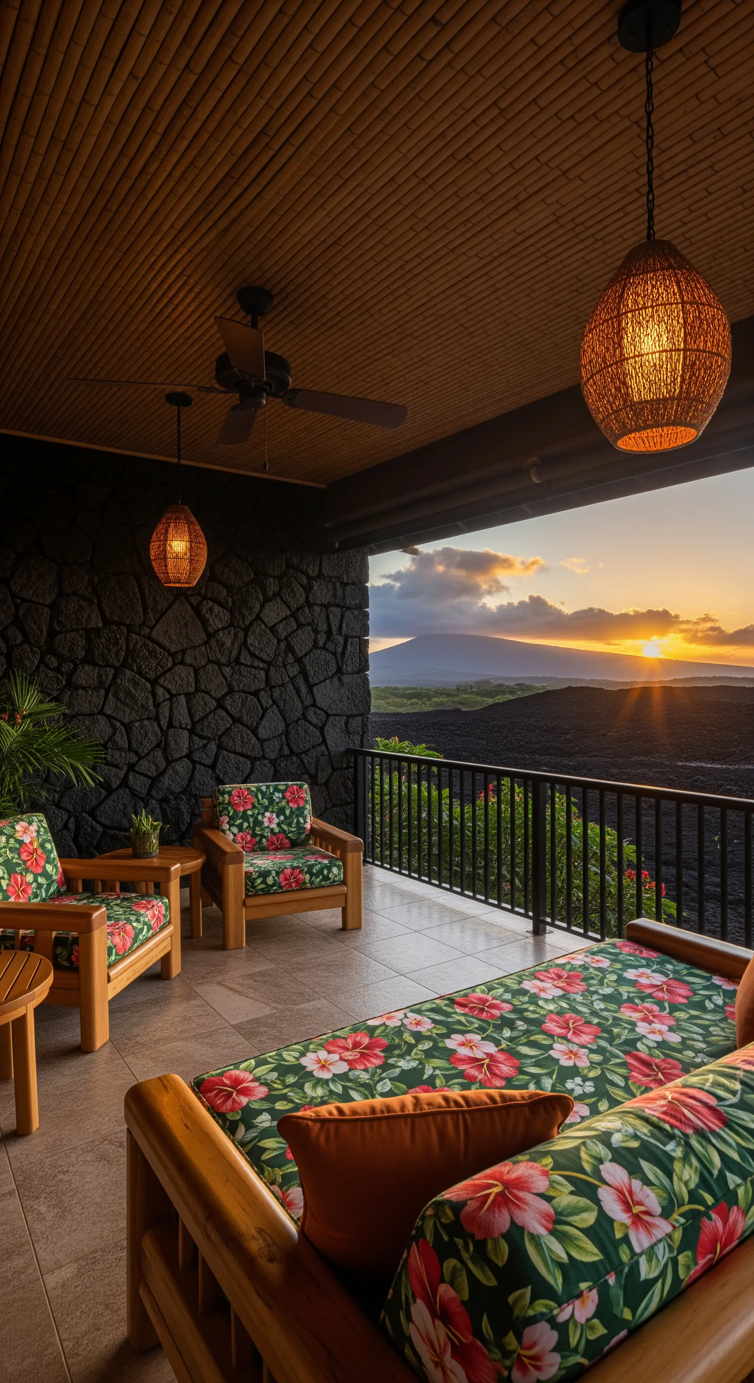 Veranda con arredi in legno e cuscini a motivo floreale tropicale affacciata su un paesaggio vulcanico.