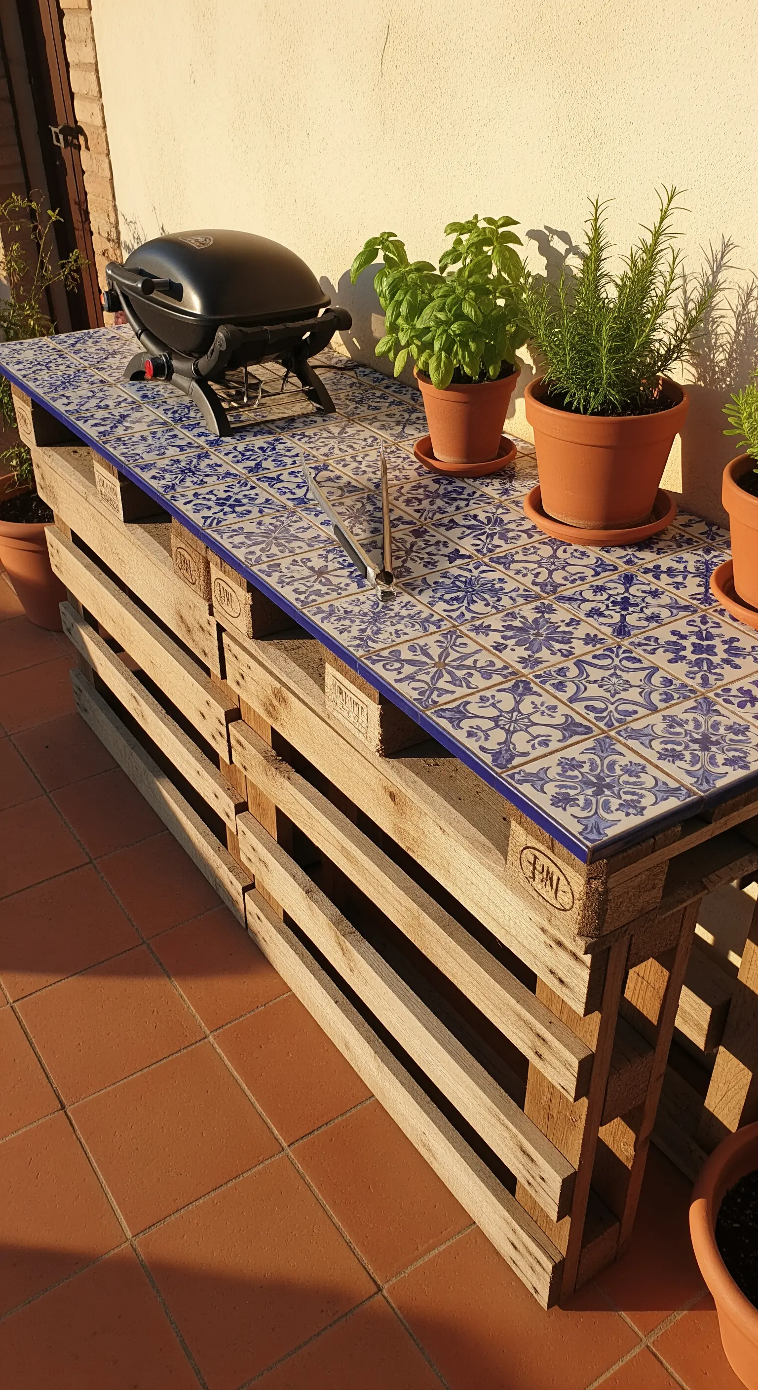 Cucina esterna fai-da-te con base in pallet e piano piastrellato con motivi blu e bianchi.