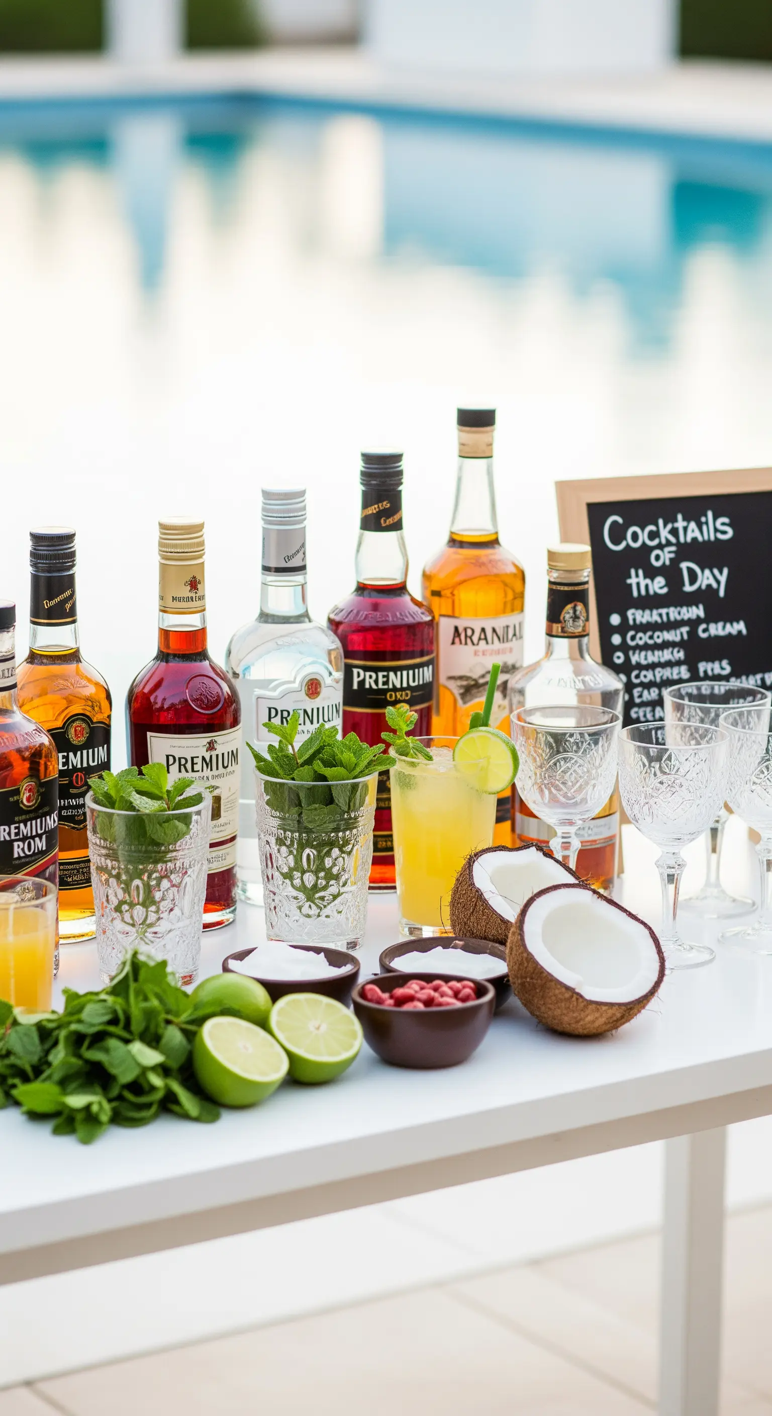 Tavolo con bottiglie di liquori, frutta fresca e ingredienti per creare cocktail a bordo piscina.