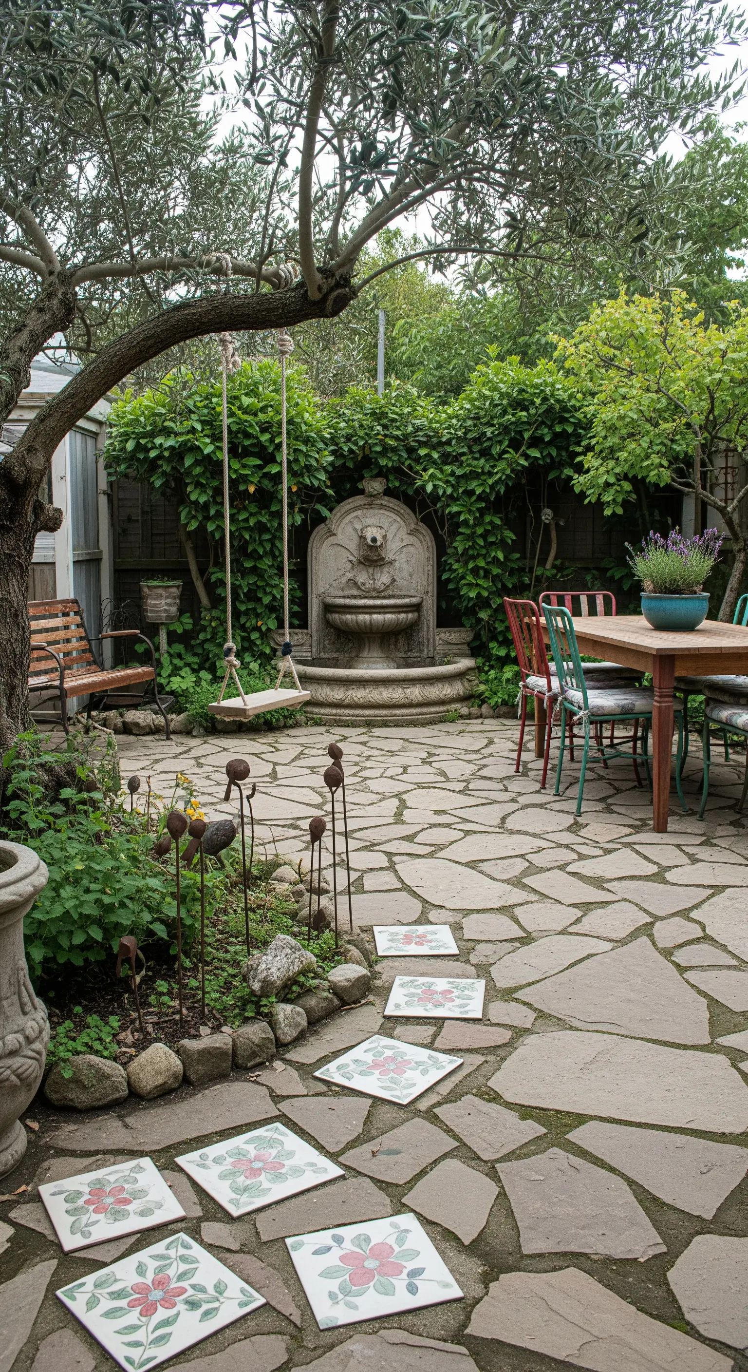 Patio eclettico con altalena, piastrelle decorative sul pavimento e sedie di stili diversi.