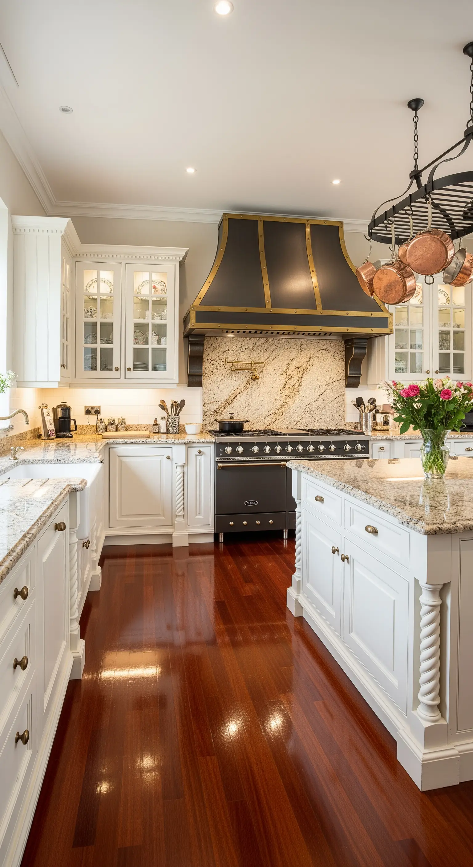 Cucina tradizionale ed elegante con mobili bianchi, cappa imponente e pentole in rame appese.