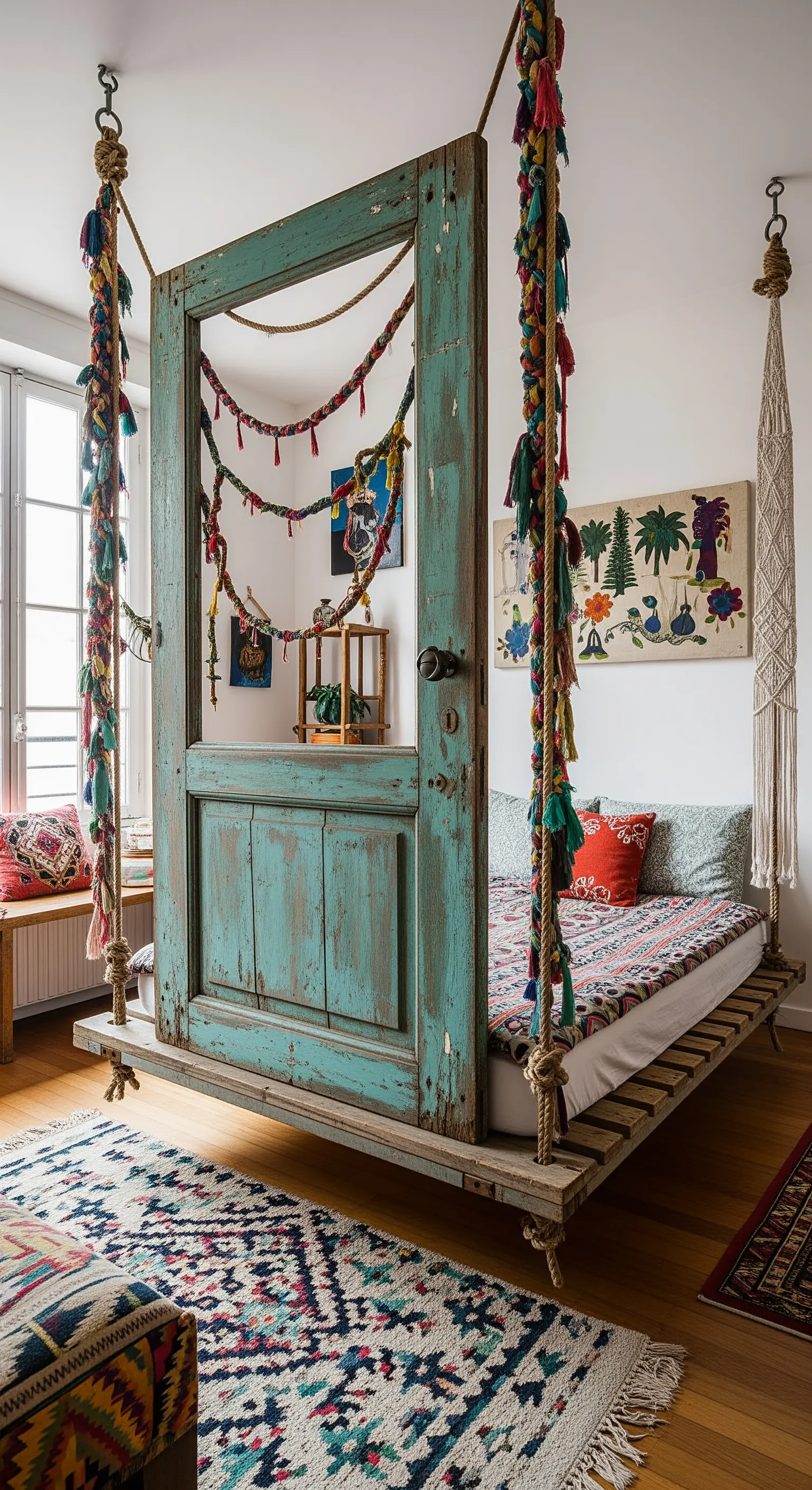 Letto sospeso con una vecchia porta verde acqua usata come testiera e corde colorate.