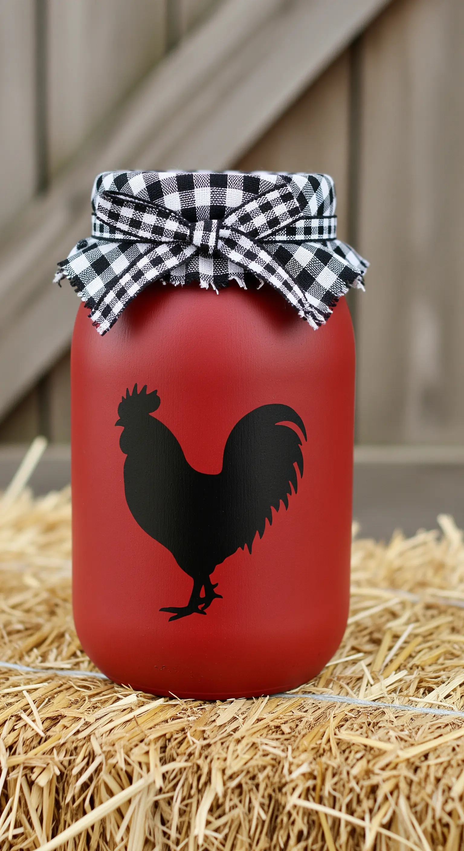 Barattolo di vernice rossa opaca con la silhouette nera di un gallo e un fiocco a quadri.