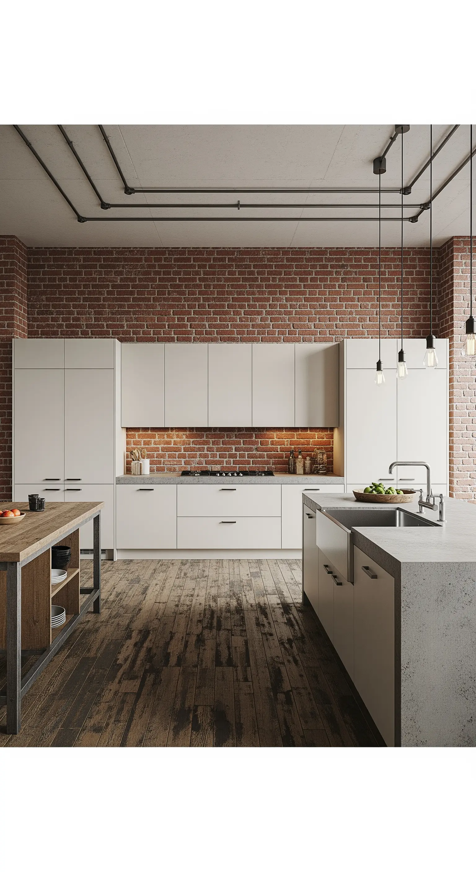 Cucina in stile industriale con parete di mattoni, mobili bianchi e pavimento in legno vissuto.