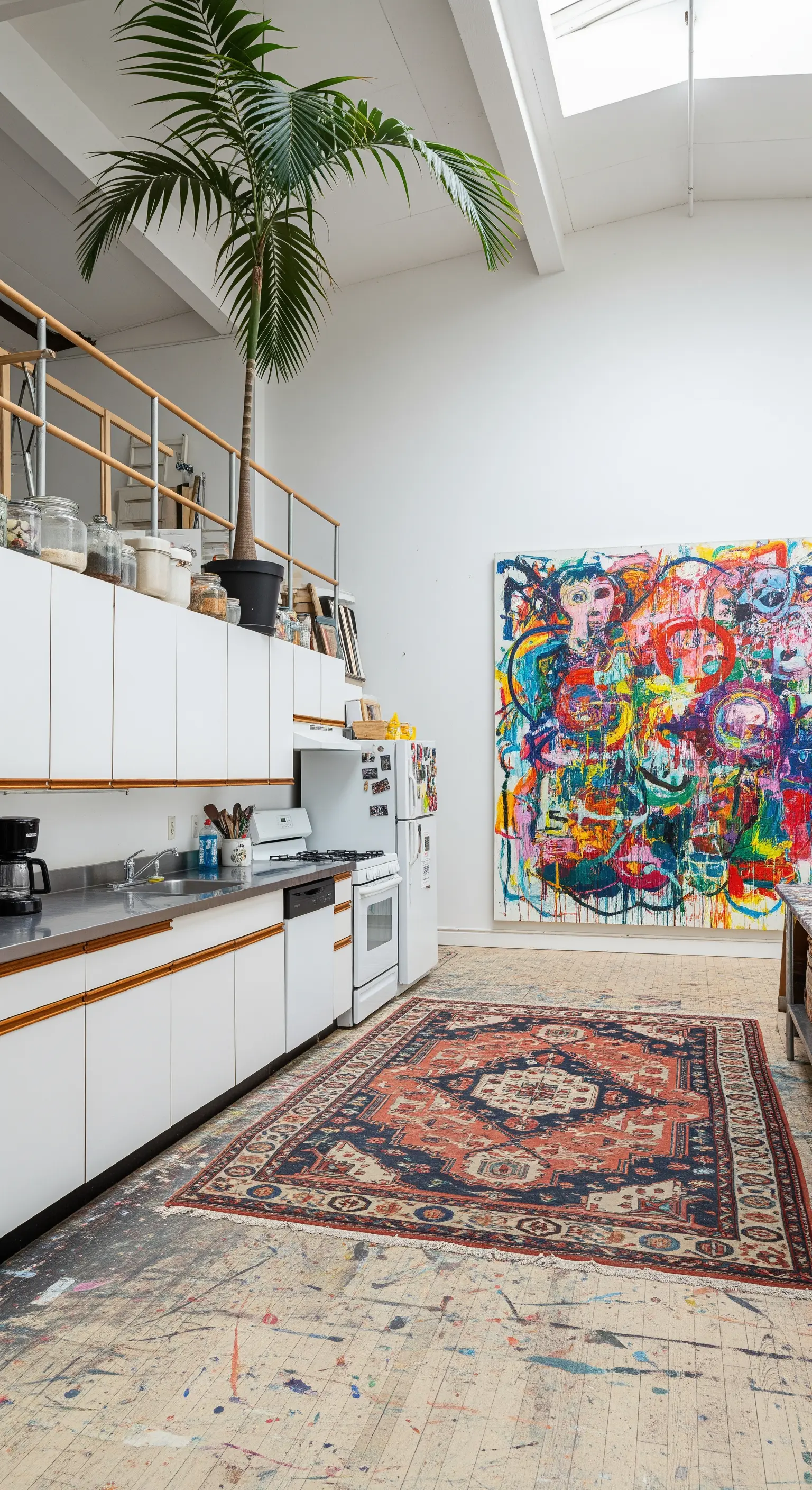 Cucina in un loft da artista con pavimento vissuto, un grande tappeto persiano e una tela astratta.