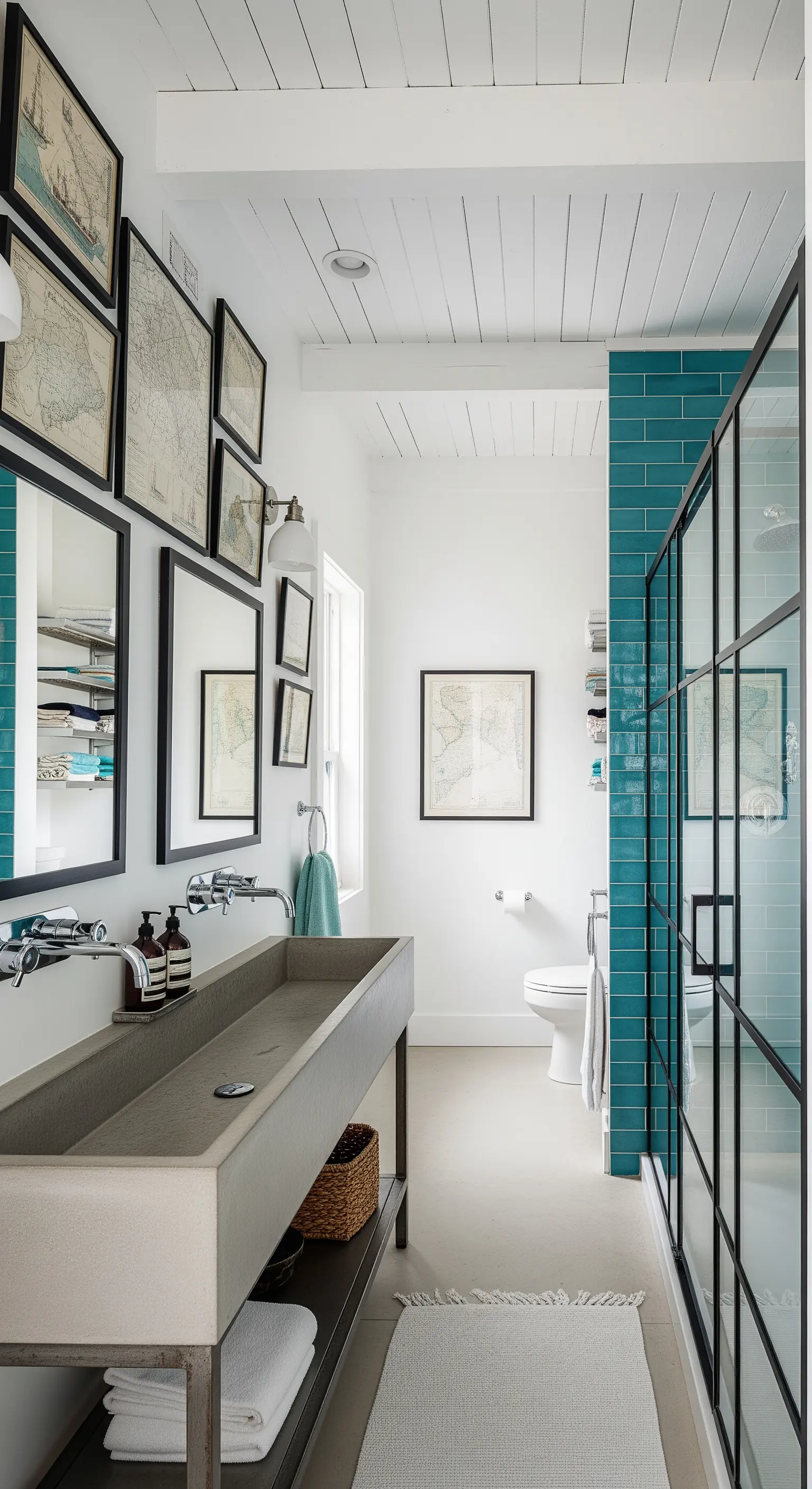 Bagno con lavabo in cemento, piastrelle turchesi e una parete con mappe incorniciate.