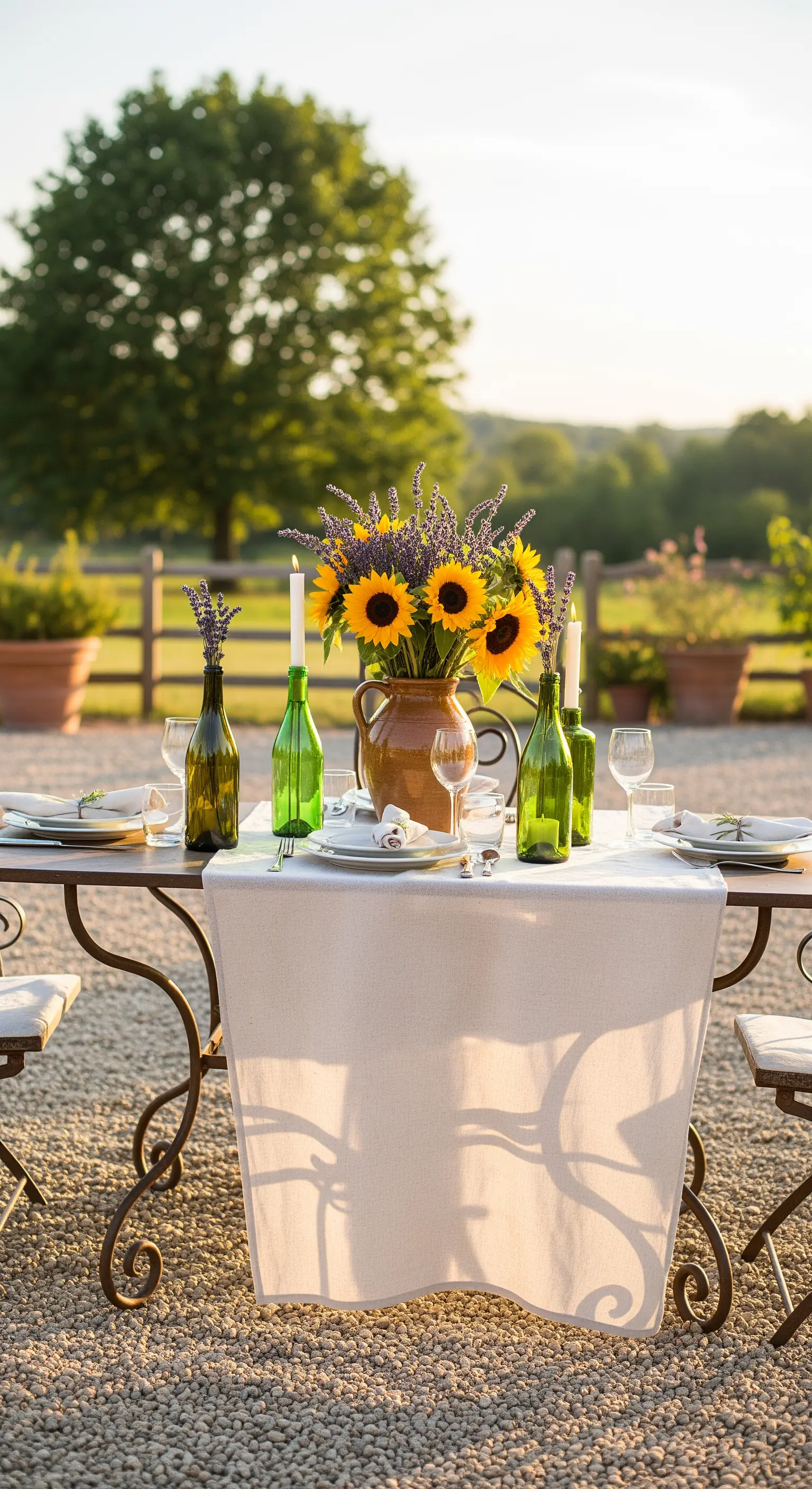 Tavola rustica in campagna con girasoli, lavanda e bottiglie come portacandele.