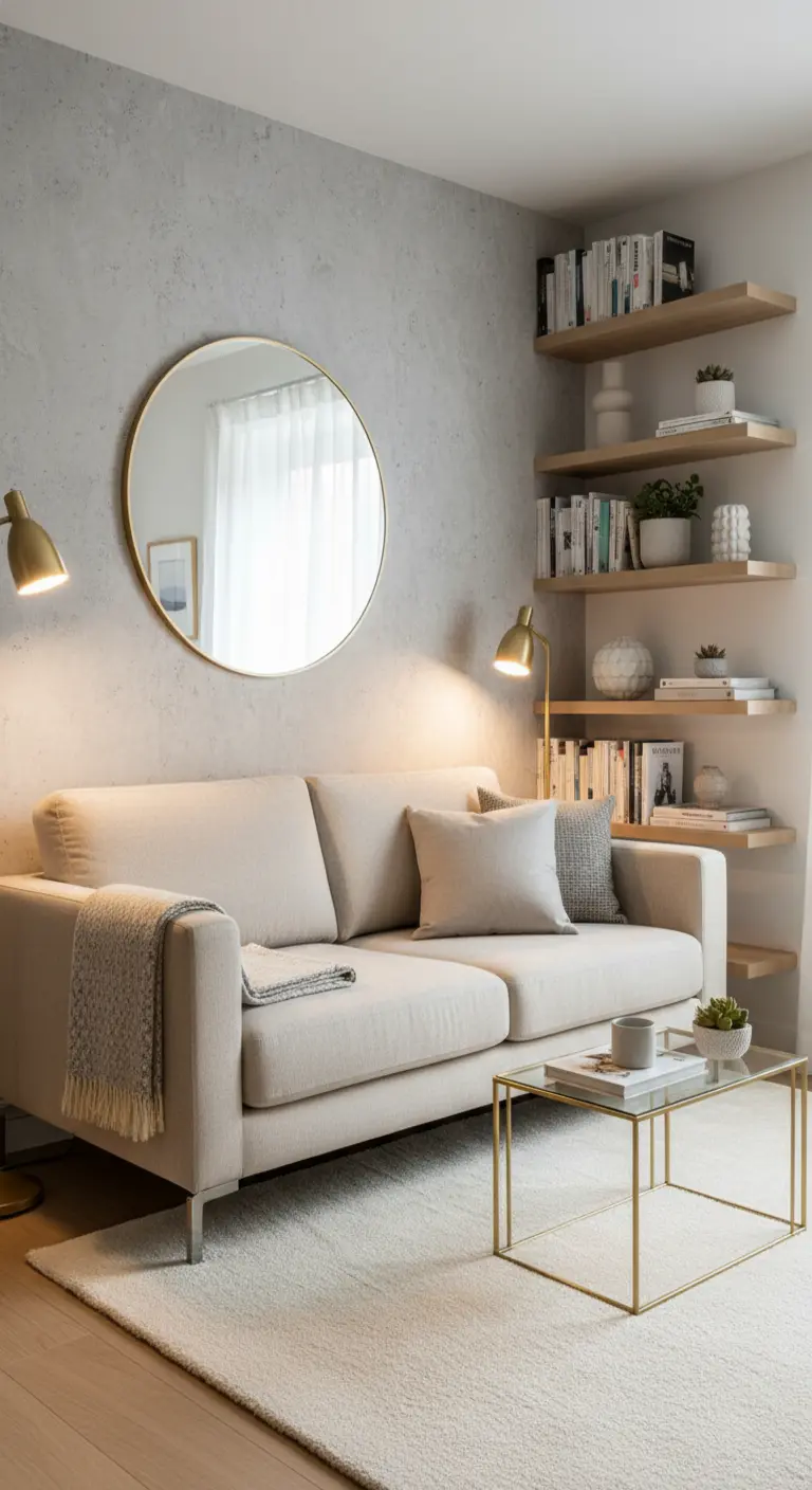 Salotto piccolo e accogliente con divano beige, specchio rotondo e mensole ad angolo.