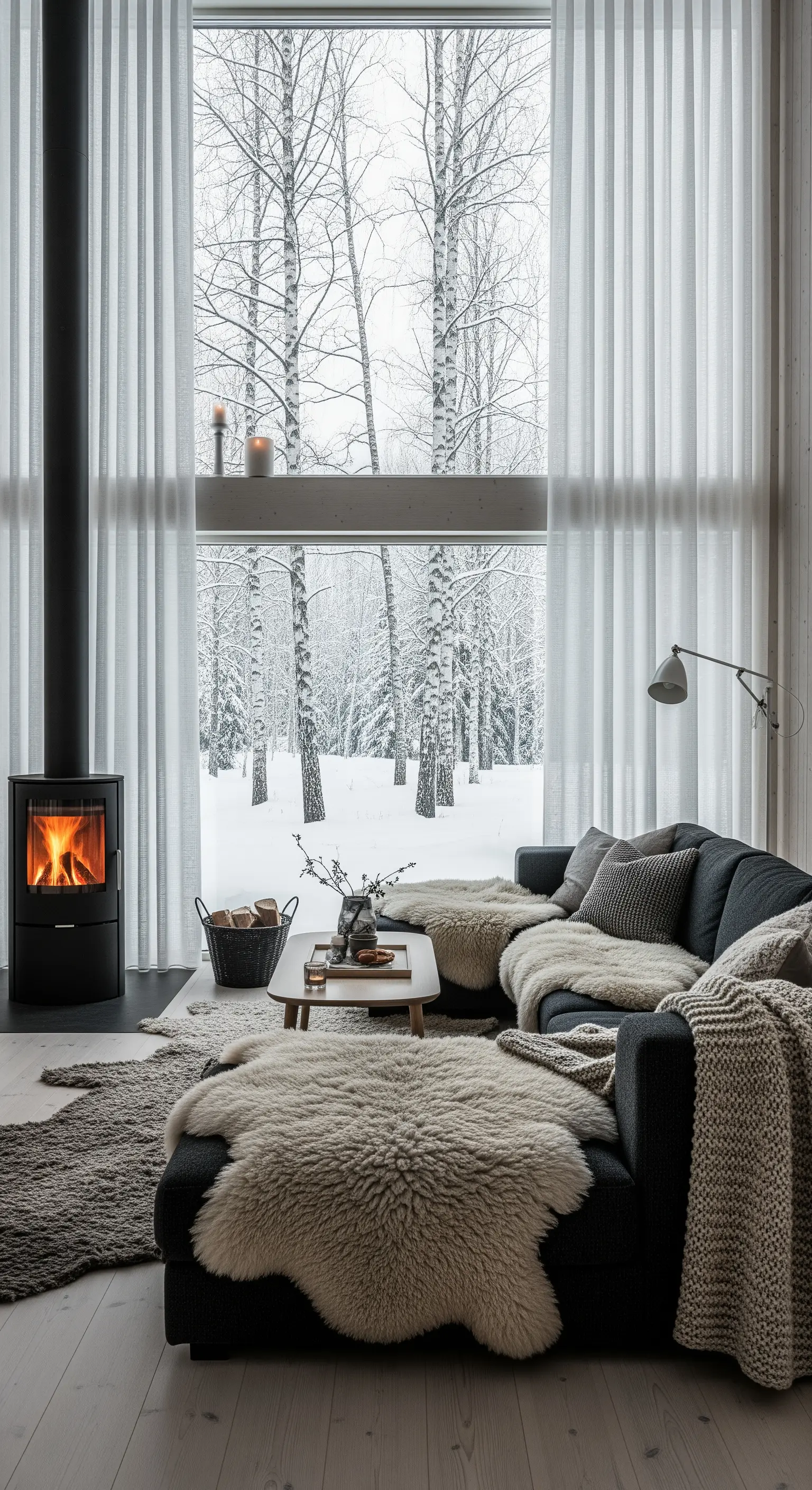 Salotto scandinavo con stufa a legna, pelli di pecora e vista su una foresta innevata.