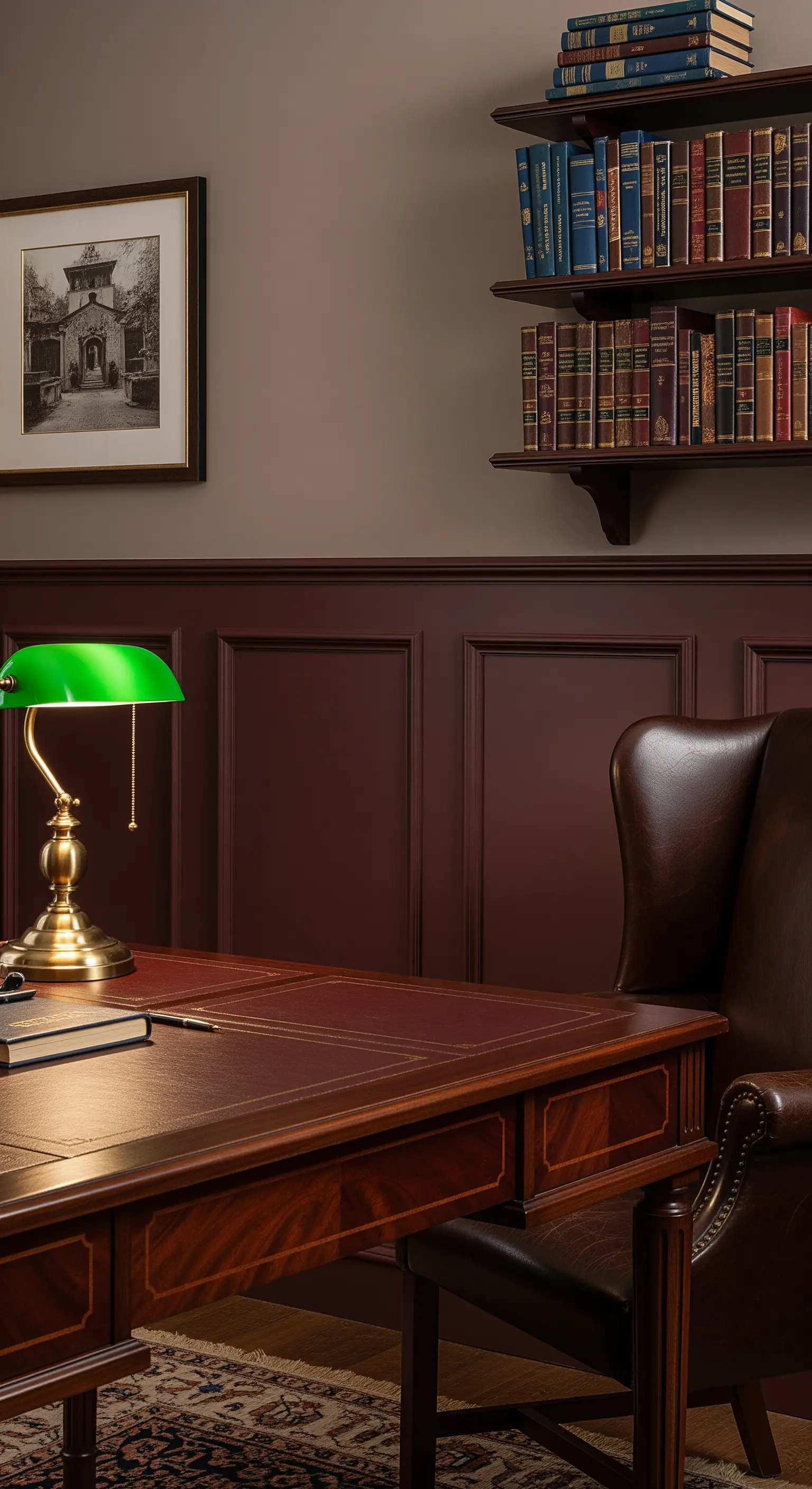 Scrivania classica in legno con poltrona in pelle in uno studio con boiserie bordeaux.