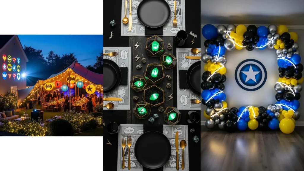 Festa supereroi: decorazioni con luci neon, fumetti, loghi proiettati, palloncini e gadget a tema.