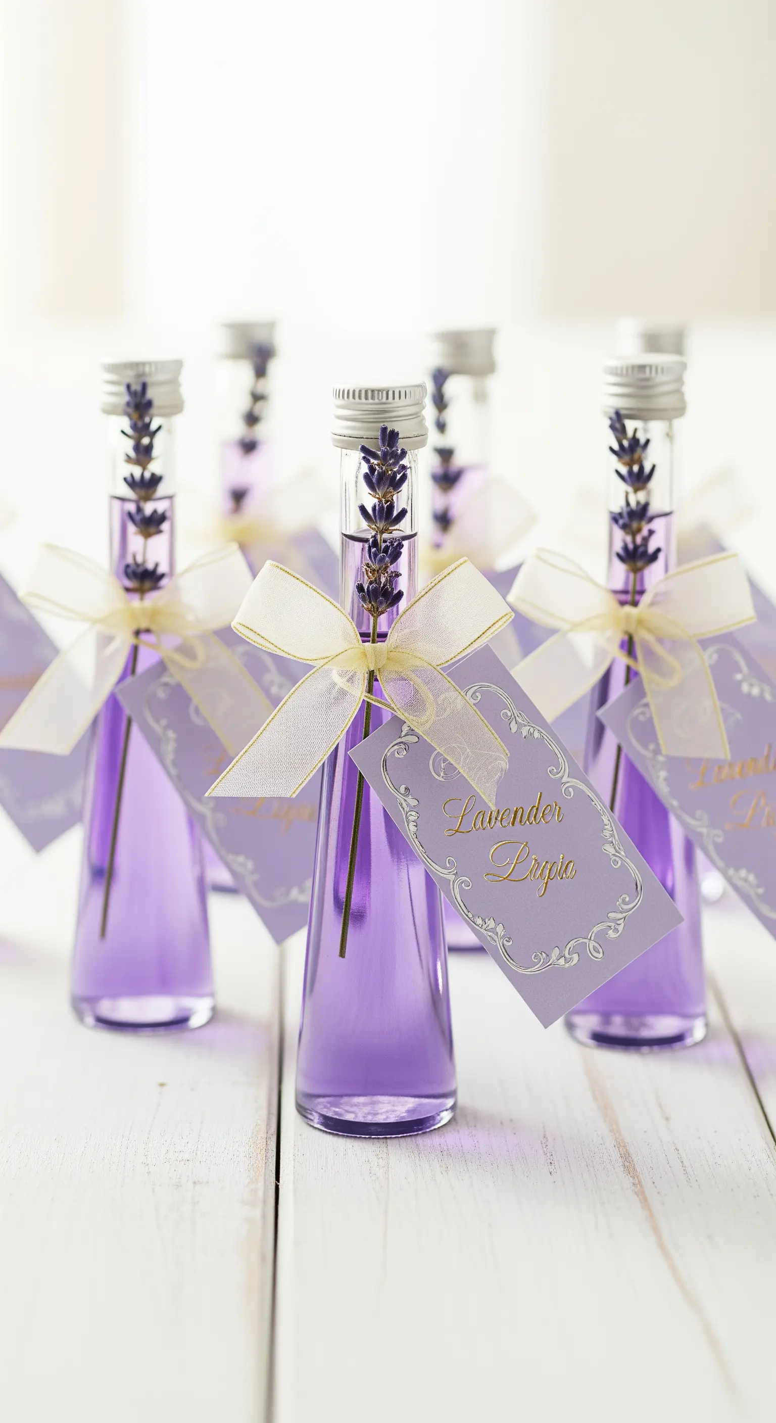 Bomboniere di liquore alla lavanda con un rametto all'interno e fiocchi bianchi.