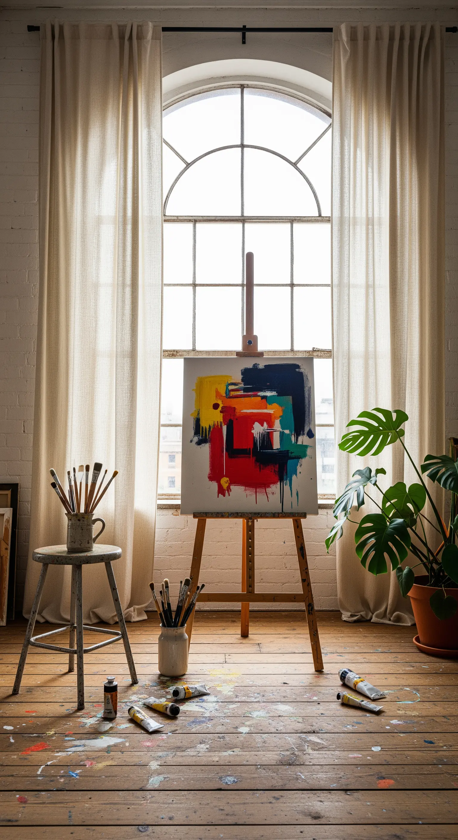 Studio d'artista con finestra ad arco e tende di lino a tutta altezza.