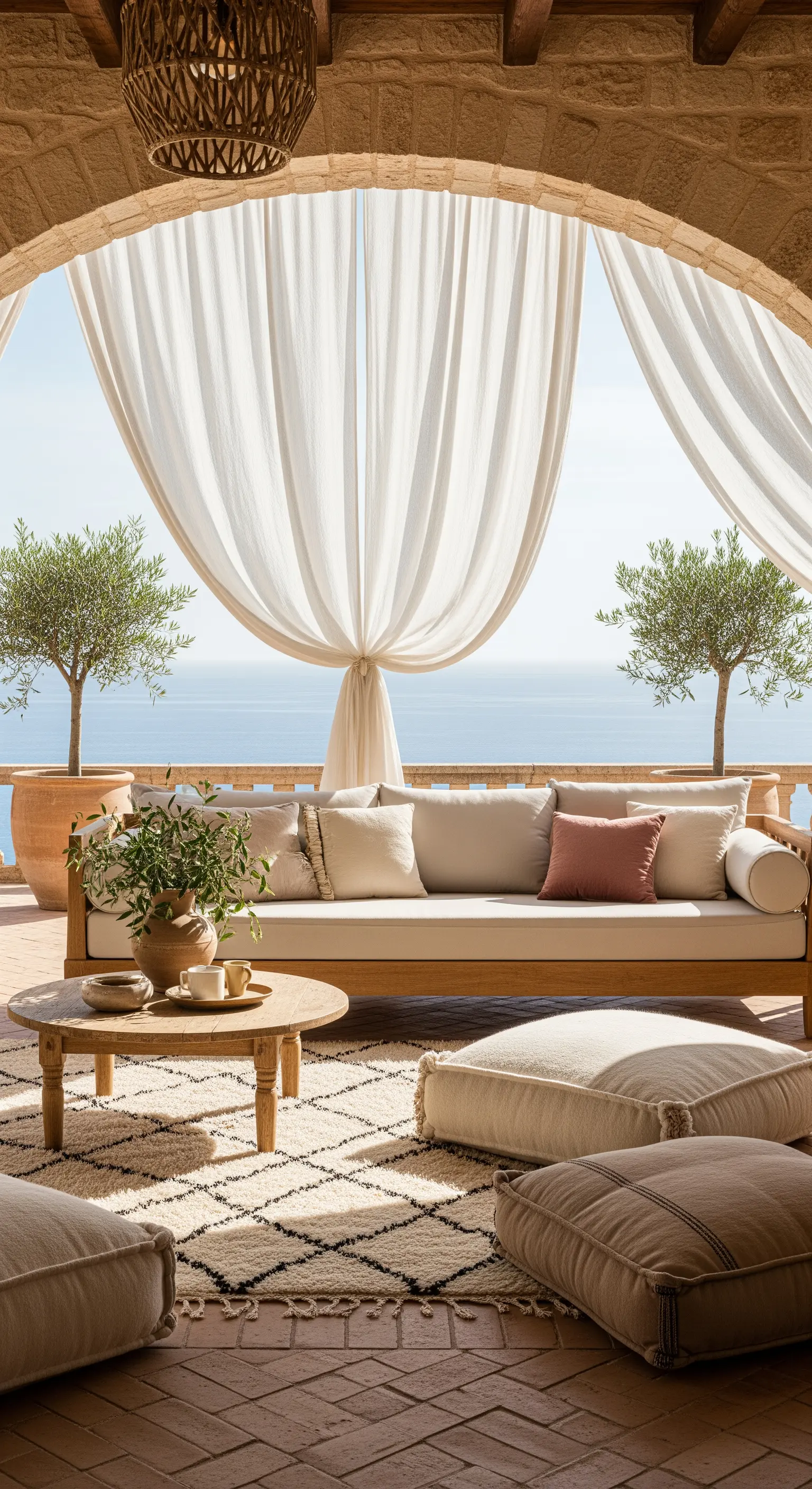 Patio con vista mare, divano neutro, tende bianche e cuscini da pavimento su tappeto marocchino.