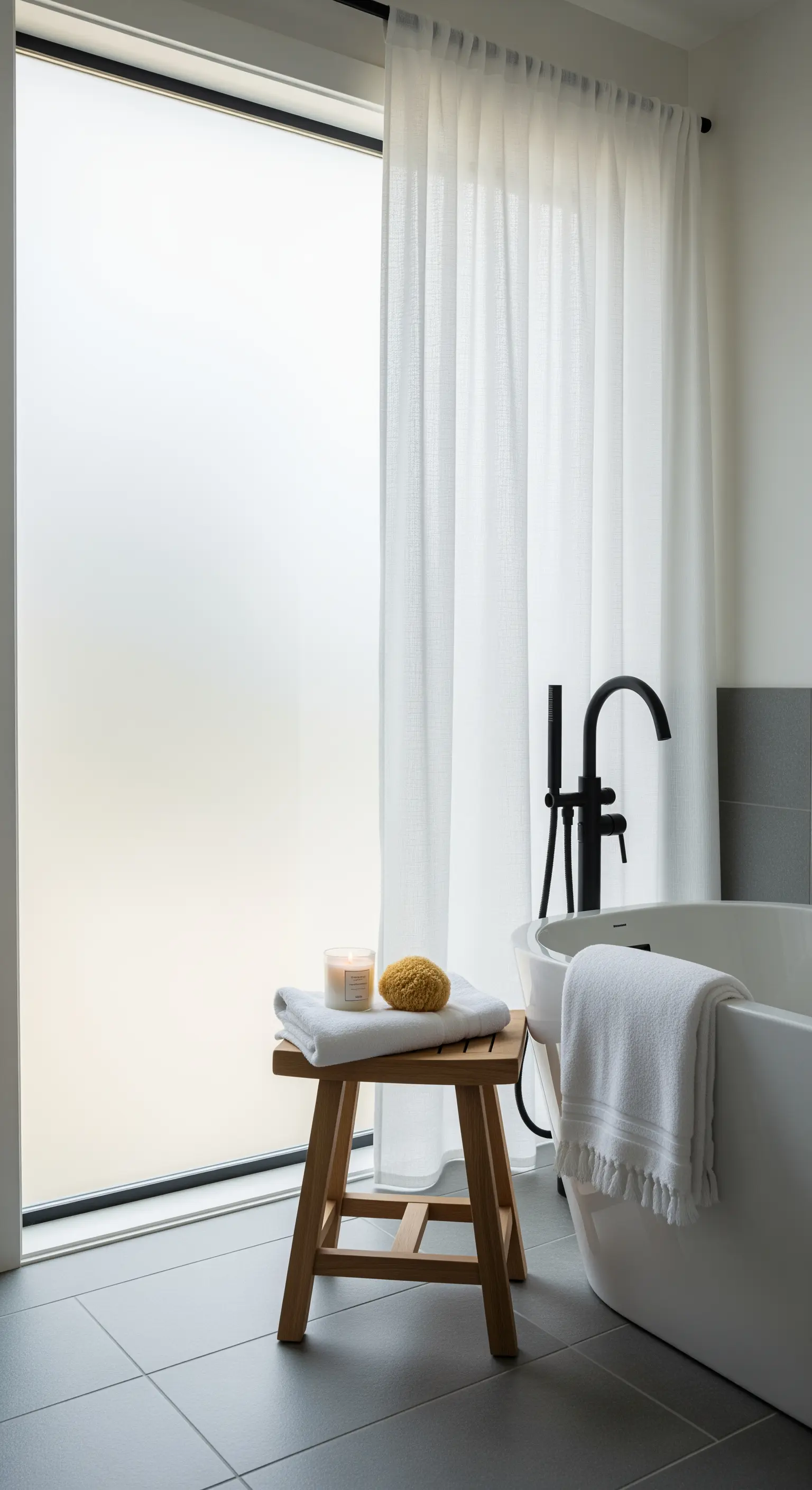 Bagno moderno con vasca freestanding e una tenda in voile di lino bianco.
