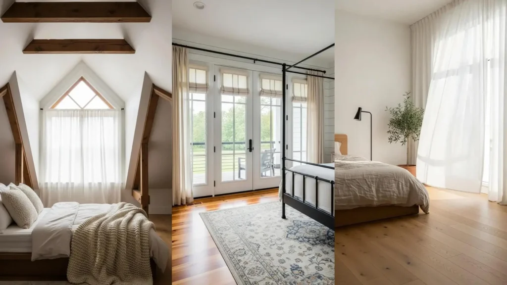 Tre camere da letto luminose con tende leggere e bianche che filtrano la luce, creando spazi che respirano e infondono tranquillità.