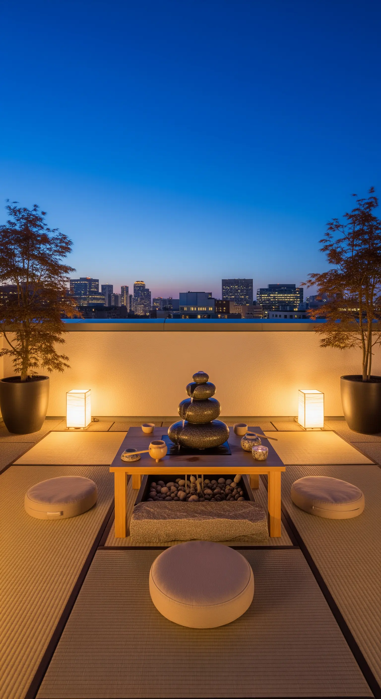 Terrazza in stile giapponese con tatami, cuscini, fontana e vista sulla città di notte.