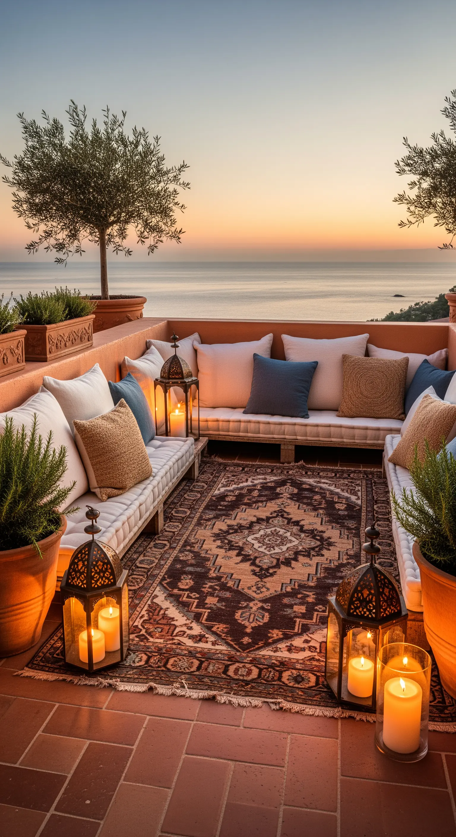 Terrazza con vista mare al tramonto, divani bassi bianchi e lanterne marocchine accese.