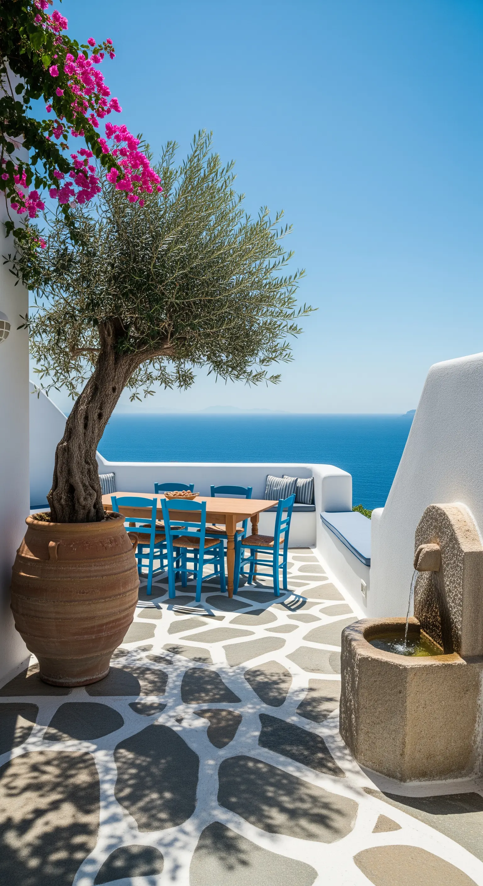 Terrazza mediterranea con ulivo in vaso, sedie blu vivaci e pavimento in pietra irregolare.