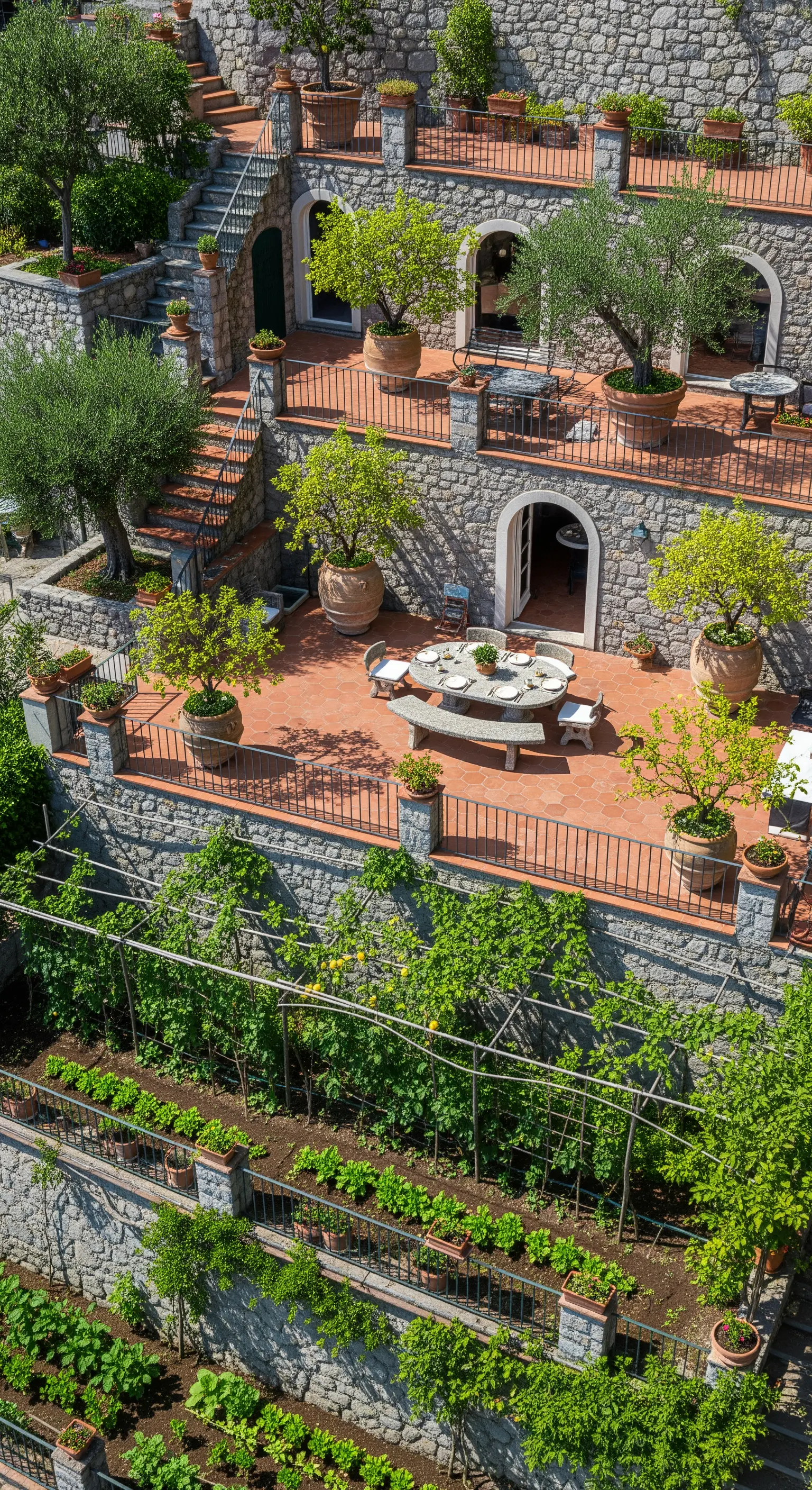Giardino terrazzato in pietra con zona pranzo in cotto, orto e piante in vaso.